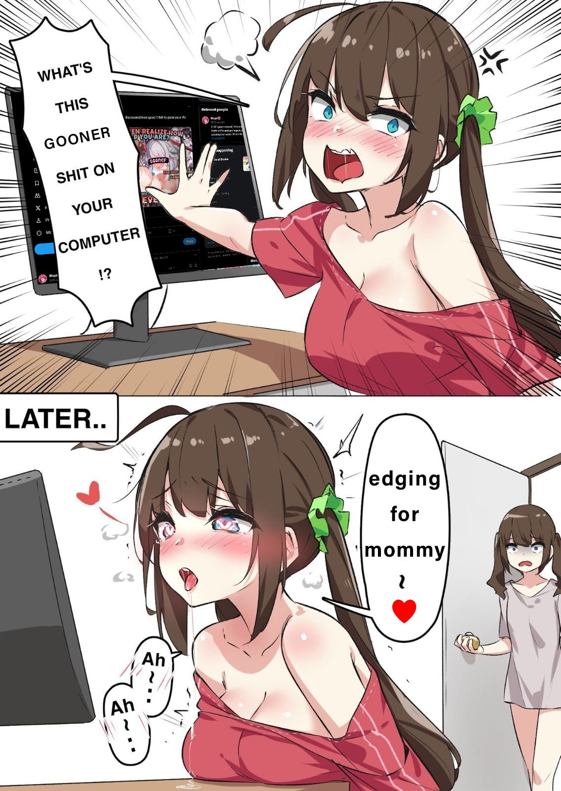 2girls, artist request, before and after, blue eyes, blush, breasts on desk, brown hair, caption, caught masturbating, computer, drool, drooling, edging, english text, female, female masturbation, female only, funny, gooner, heart-shaped pupils, large breasts, long hair, looking at screen, mommy kink, opening door, porn on screen, shocked, simple background, text, text bubble
