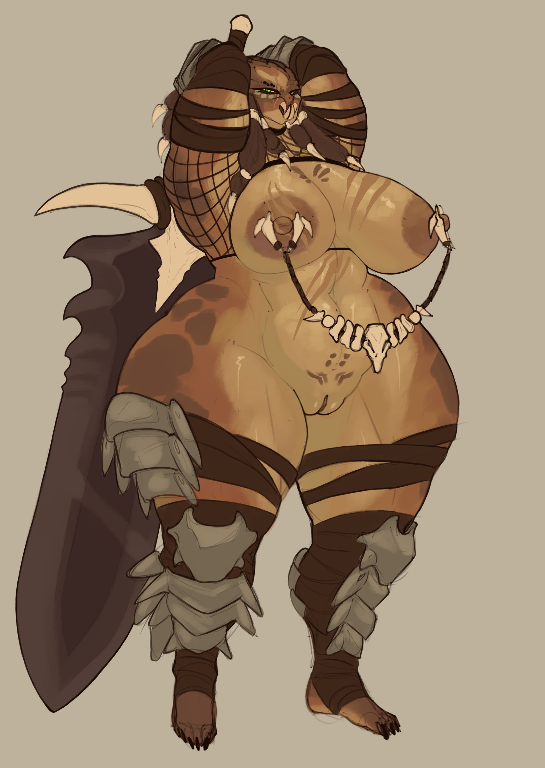 1girls, alien, breasts, curvy, curvy figure, female, predator (franchise), pussy, solo, strong, sword, thecoatl034, thick thighs, wide hips, yautja