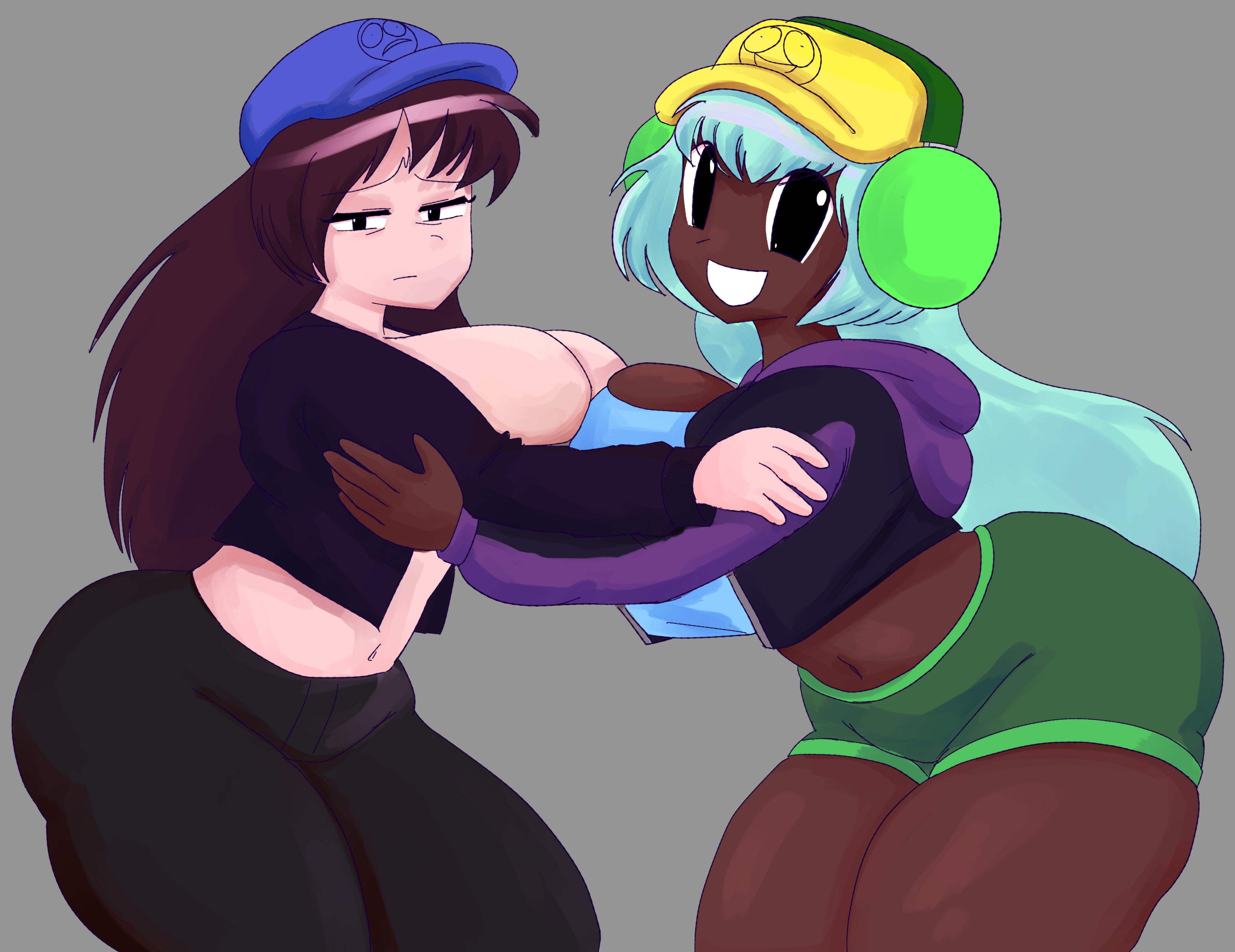 2girls, aqua hair, beanie, big breasts, black eyes, breast press, breasts, chocolate and vanilla, cleavage, cropped jacket, dark brown hair, dark skin, dark-skinned female, dolly dimpley, female, female only, glenda gloomy, half-closed eyes, hat, headphones, huge breasts, light skin, light-skinned female, looking at viewer, midriff, open clothes, open jacket, pressing breasts together, short shorts, smile, smiling at viewer, smiling friends, thick thighs, tyte sxg, voluptuous, voluptuous female, wide eyed