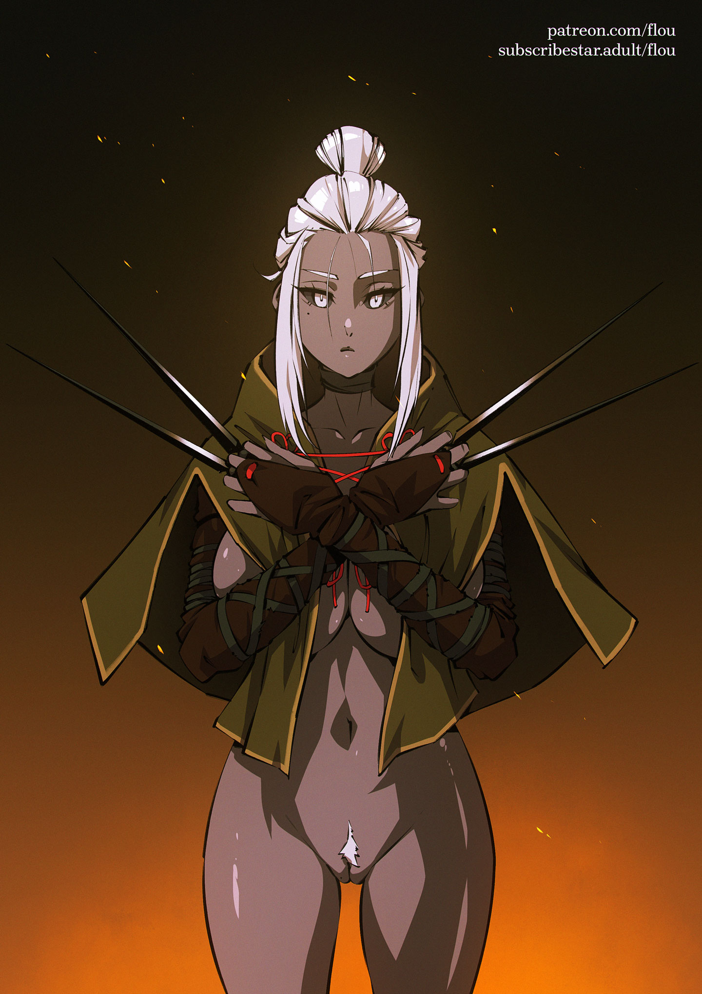 black sclera, bottomless, bottomless female, breasts, dark-skinned female, female, flou, huge breasts, lady butterfly, looking at viewer, navel, original, original character, pubic hair, pussy, stella (flou), uncensored, white eyes, white hair, white pubic hair