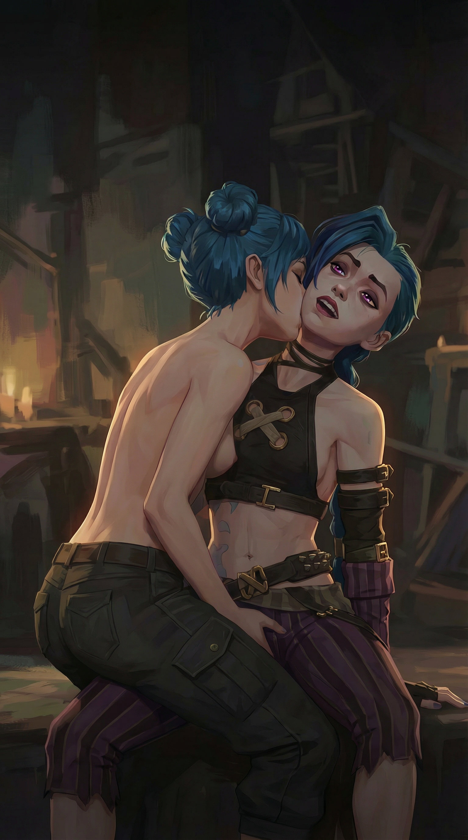 2026, 2girls, ai generated, arcane, arcane jinx, ass, blue hair, breasts, enjoying, fortiche, glowing eyes, jinx (arcane), kissing neck, league of legends, netflix, pleasure face, powder (arcane), riot games, rubbing, rubbing pussy, selfcest, shirtless, shirtless female, sideboob, tattoo, tattoos, thin, thin female, thin waist, topless, video game character, young female