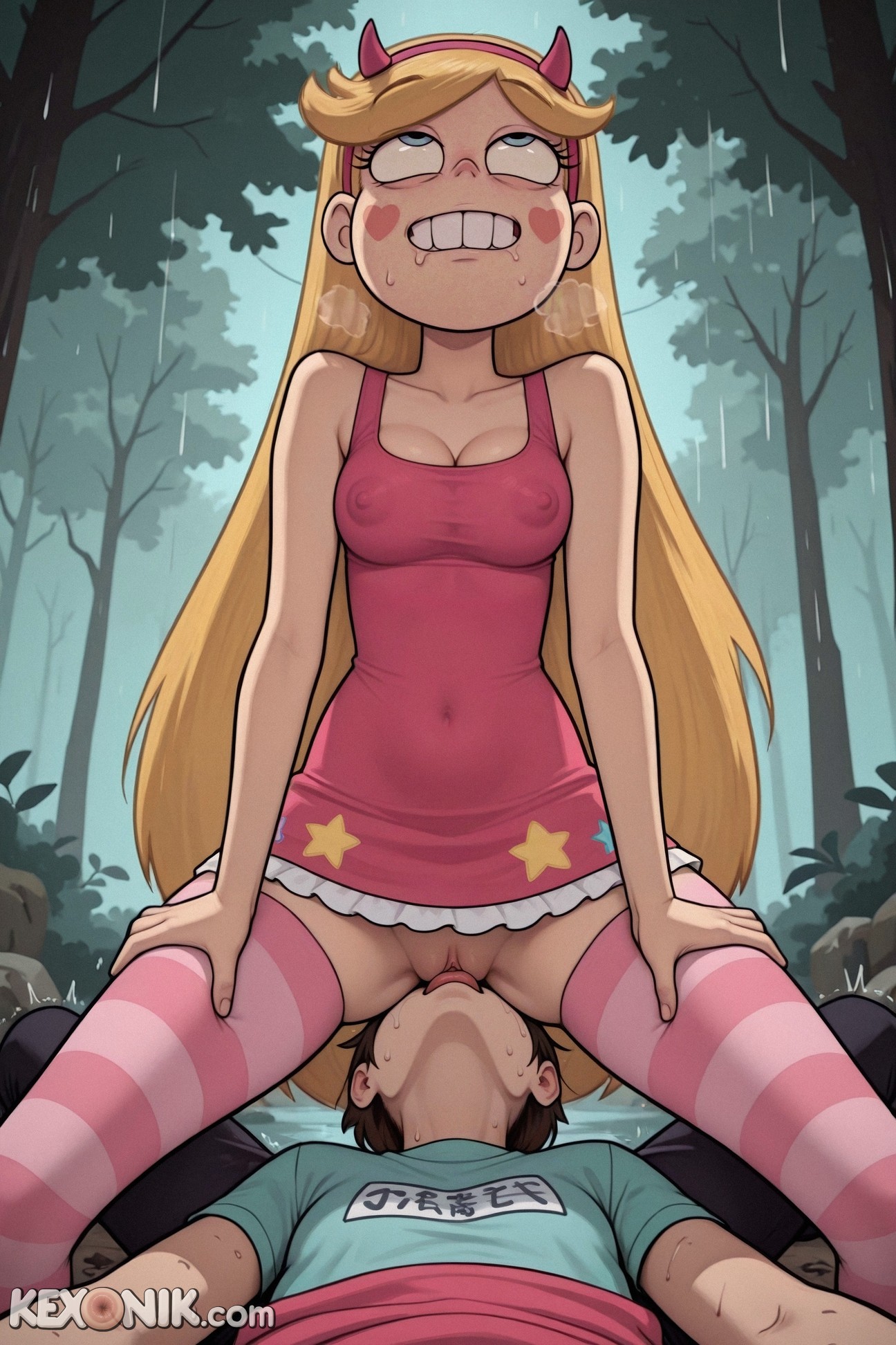 1boy, 1girls, ai generated, big, big eyes, blonde hair, blue eyes, blush stickers, breasts squeezed together, bursting breasts, cleavage, cleft of venus, clenched teeth, cunnilingus, faceless, fat mons, female, female on male, femdom, frilled dress, from below, hairband, happy, head grab, heavy breathing, horned hairband, huge ass, innie pussy, kexonik, licking pussy, long legs, male, medium breasts, monster male, out of frame, pov, puffy, puffy pussy, pussy juice, rolling eyes, sagging breasts, star butterfly, star vs the forces of evil, striped pantyhose, submissive male, very long hair