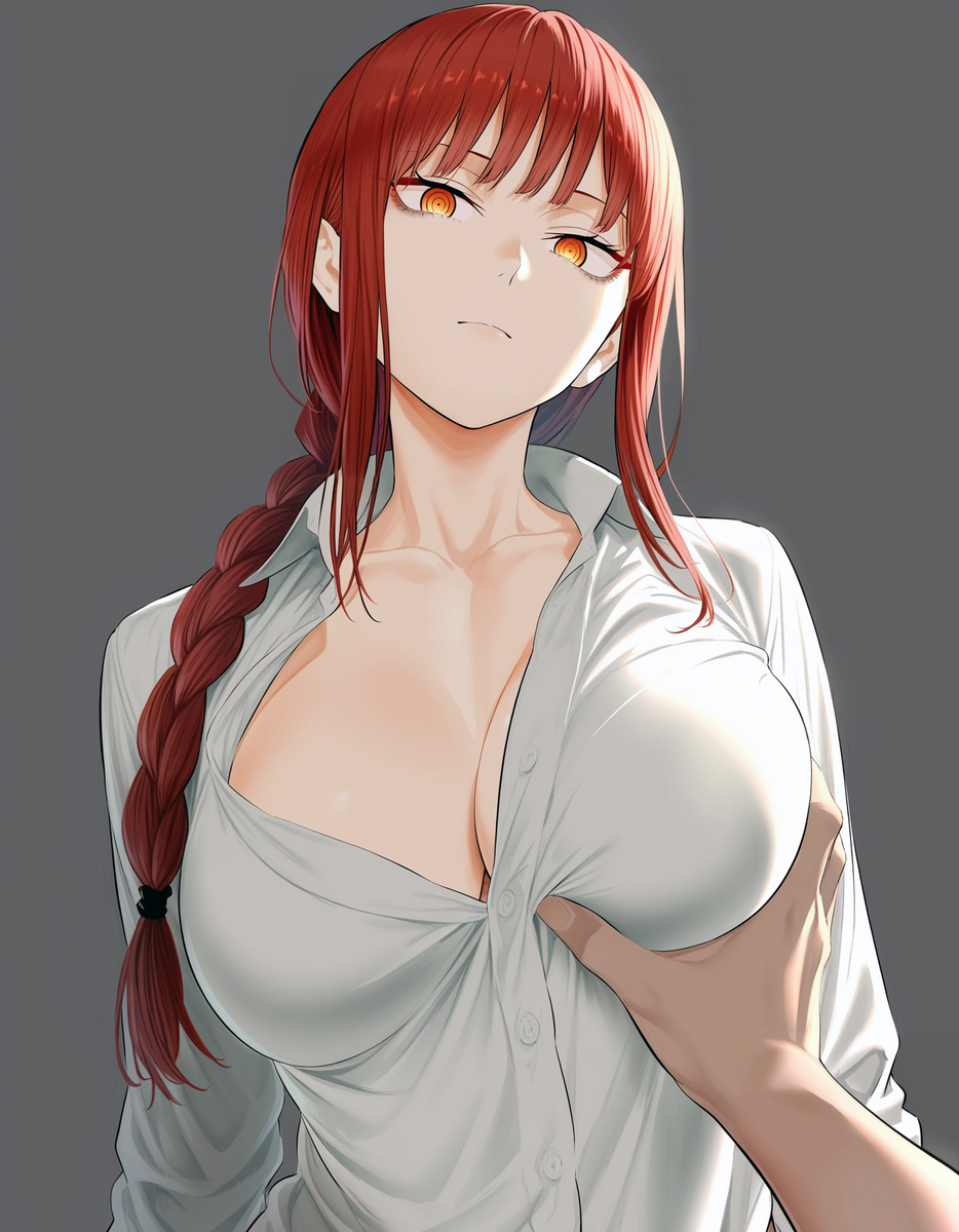 1girls, ai generated, big breasts, braid, braided hair, braided ponytail, breast grab, breasts, chainsaw man, female, grabbing another's breast, large breasts, looking at viewer, makima (chainsaw man), ponytail, red hair, shirt, solo, upper body, white shirt, zloimakak