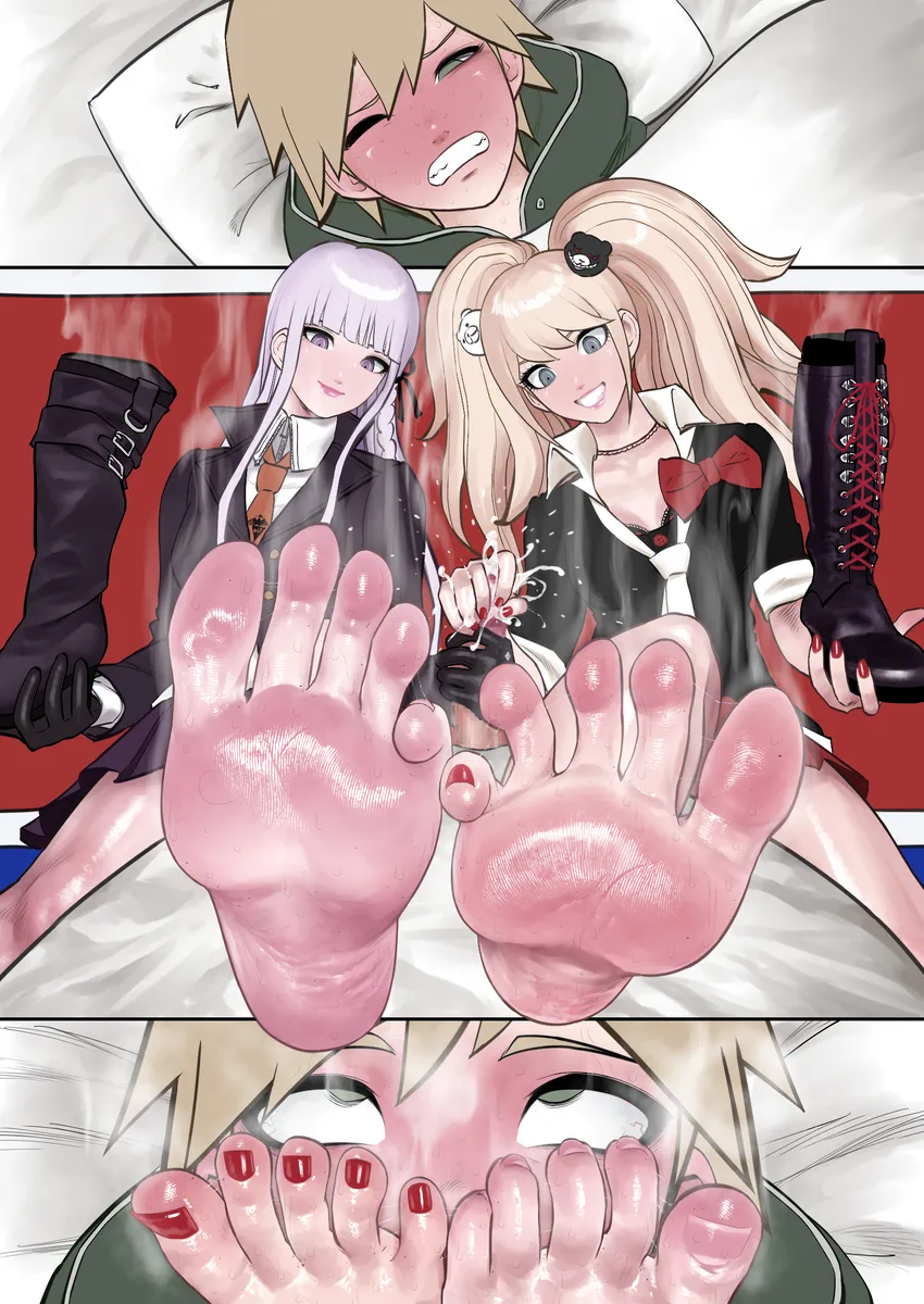 1boy, 2d, 2girls, big penis, blush, boots, boots removed, cum, cum on hand, danganronpa, danganronpa: trigger happy havoc, dominant female, feet, feet fetish, feet focus, feet on face, femdom, foot fetish, gloved handjob, gloves, gritted teeth, hair ornament, handjob, junko enoshima, kirigiri kyouko, light-skinned female, light-skinned male, long hair, looking at another, looking pleasured, looking up, masturbation, musk, musk clouds, naegi makoto, painted nails, purple hair, short hair, smell, smelly feet, smiling, smirk, submissive male, textless version, 高校パンチ