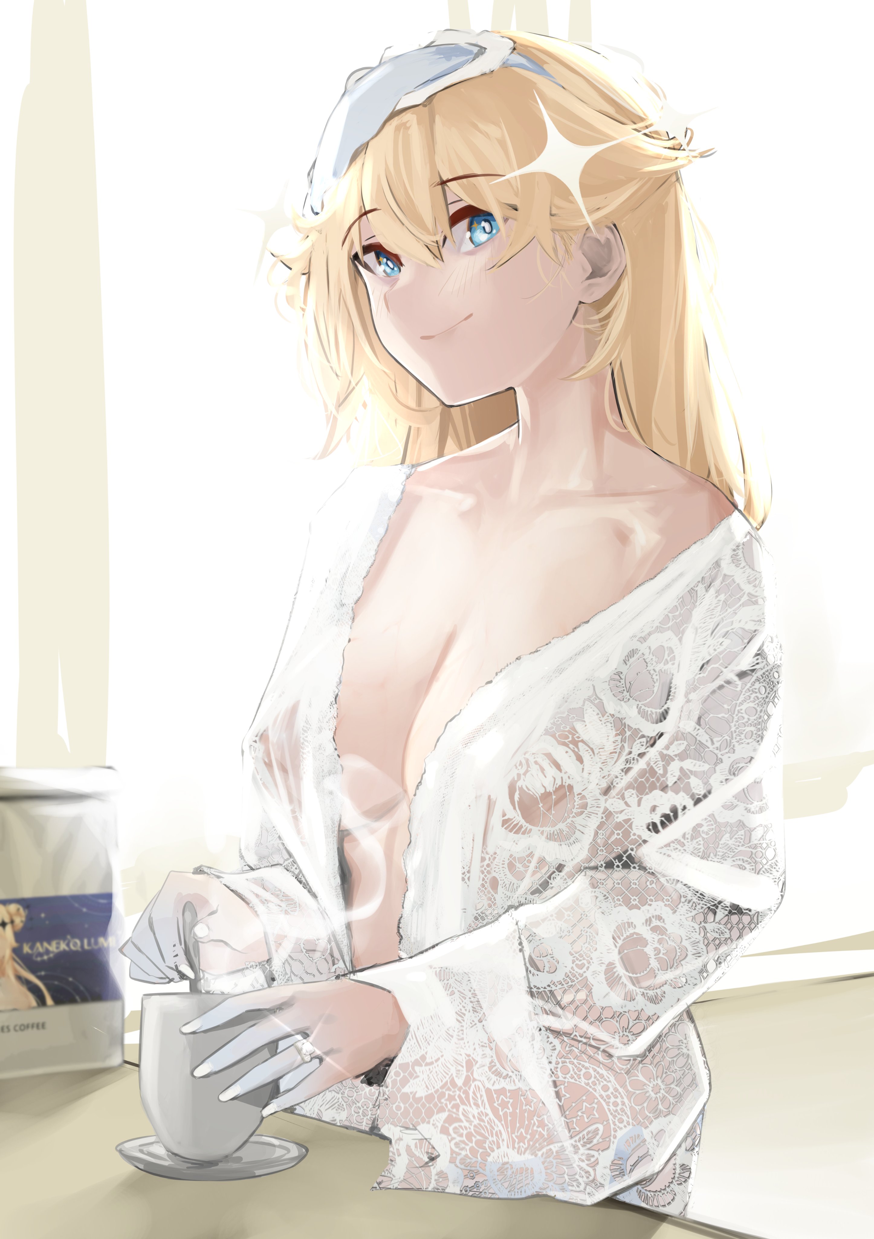 1girls, absurdres, areolae, blonde hair, blue eyes, breasts, cleavage, coffee, coffee mug, collarbone, commentary, covered erect nipples, cup, english commentary, female, hair ornament, highres, kaneko lumi, large breasts, light smile, long hair, looking at viewer, messy hair, morning after, mug, nightgown, nipples, nipples visible through clothing, phase connect, pupi, pupi (rain prophet), see-through, see-through clothes, see-through clothing, sleep mask, sparkle hair ornament, spoon, star (symbol), star hair ornament, virtual youtuber, vtuber