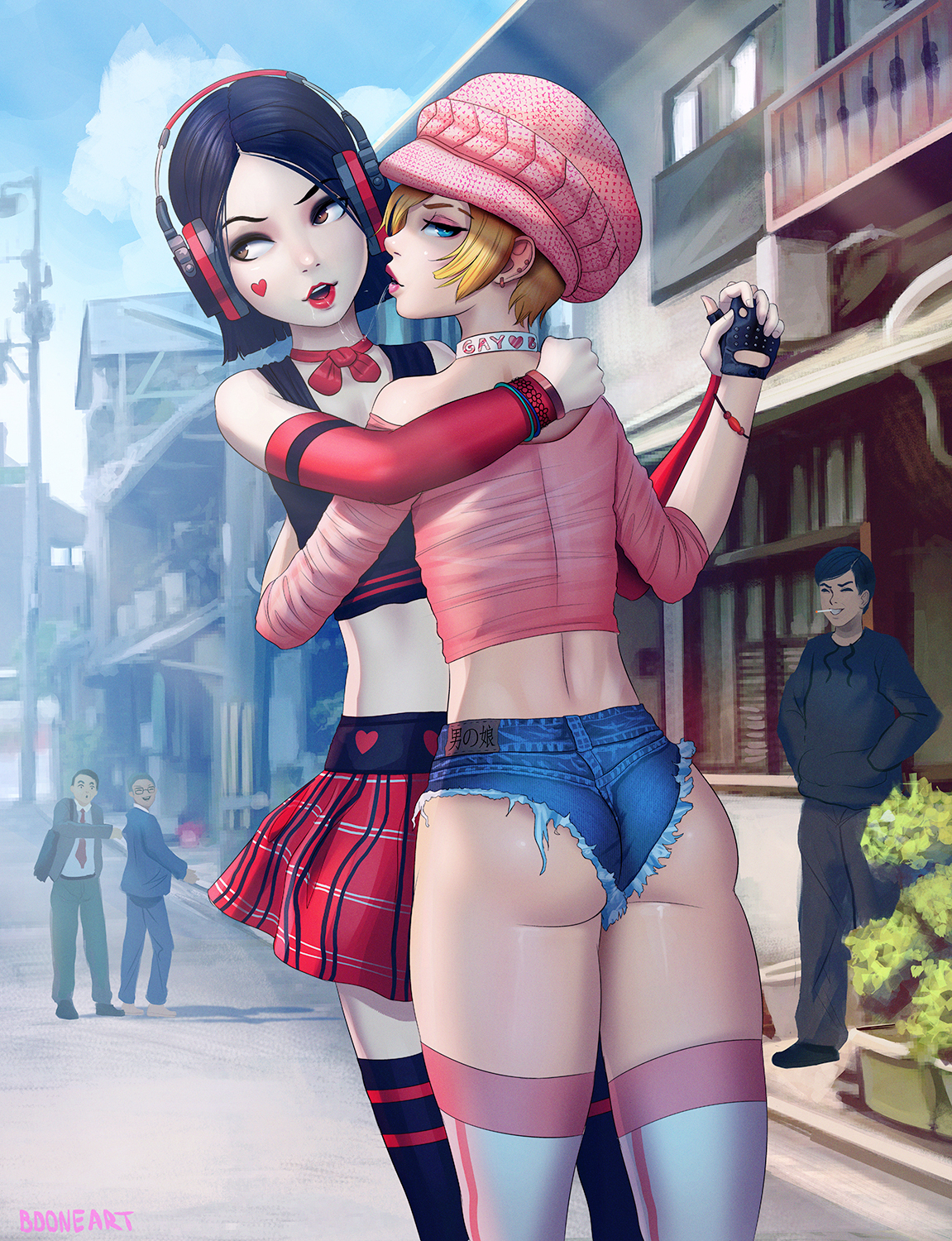 5boys, androgynous, ass, ass hanging out, ass hanging out of shorts, bdone, bob cut, booty shorts, crossdressing, daisy dukes, eyeshadow, femboy, girly, hourglass figure, lipstick, makeup, male, male only, public, saliva string, seductive, short shorts, shorts, thighhighs, trap, trap on trap, yaoi