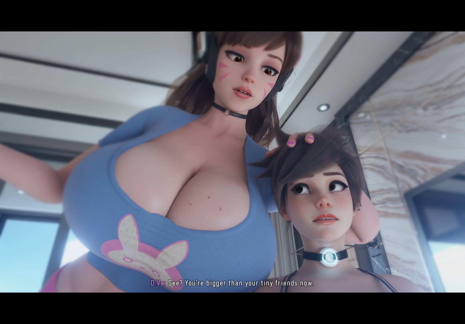 2girls, 3d, 3d (artwork), asian, asian female, big breasts, bigger female, breasts, british, british female, brown hair, brown hair female, brunette hair, clothed, clothed female, collar, d.va, european, european female, female, female focus, hana song, height difference, huge boobs, huge breasts, korean, korean female, krieginax, larger female, lena oxton, micro, micro people, neckwear, overwatch, overwatch 2, scrag d.va, scrag tracer, shorter female, size difference, smaller female, tracer, video game character