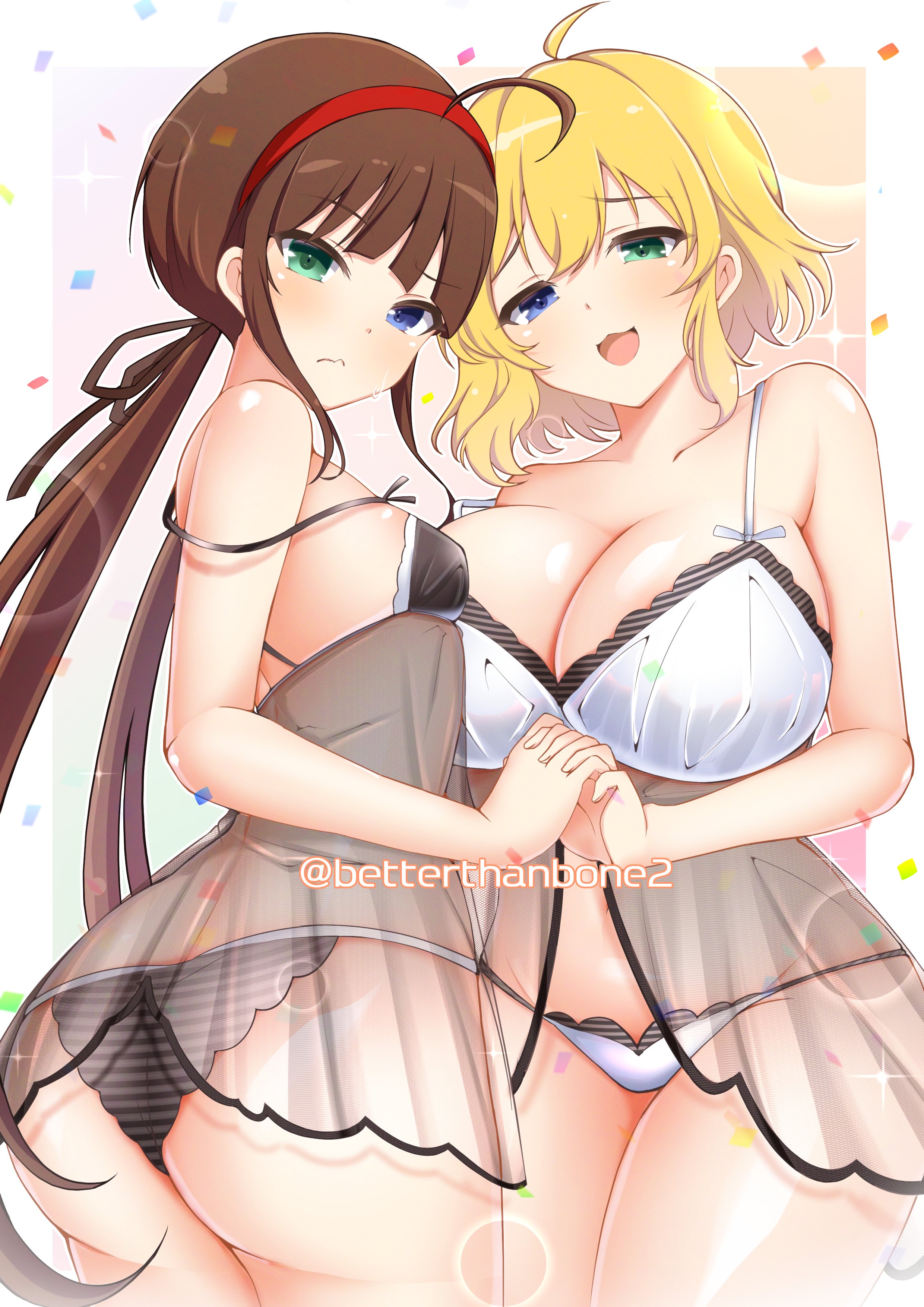 absurdres, ahoge, artist name, ass, asymmetrical docking, betterthanbone2, black nightgown, black ribbon, blonde hair, blue eyes, blunt bangs, blush, breast press, breasts, brown hair, cleavage, commentary request, confetti, from below, frown, green eyes, hairband, heterochromia, highres, holding hands, interlocked fingers, large breasts, long hair, looking at viewer, low twintails, nightgown, off shoulder, open mouth, red hairband, ribbon, ryoubi (senran kagura), ryouna (senran kagura), senran kagura, senran kagura shinovi versus, siblings, sidelocks, sisters, small breasts, twintails, white nightgown
