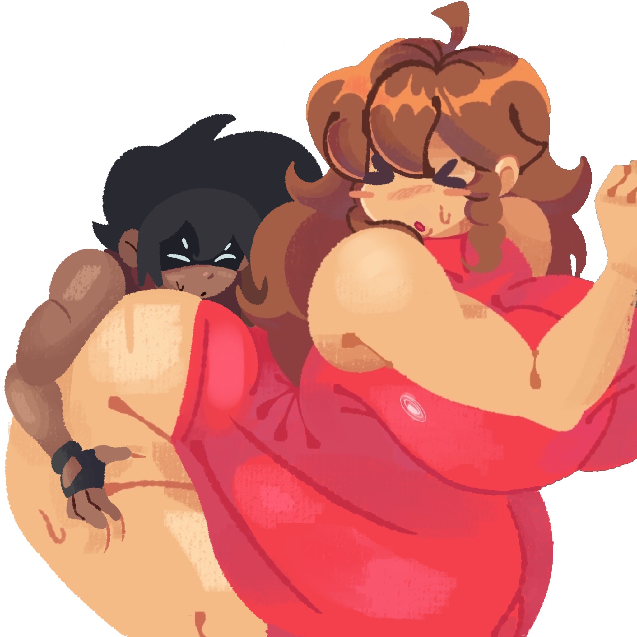 big breasts, blush, cheating, cheating (relationship), cheating female, cheating girlfriend, cumflated, cumflated belly, cumflation, friday night funkin, from behind, girlfriend (friday night funkin), grabbing ass, huge breasts, inflation, knackultra (self insert), netorare, ntr, sideshow circus, sweat, sweating, sweaty, thick thighs