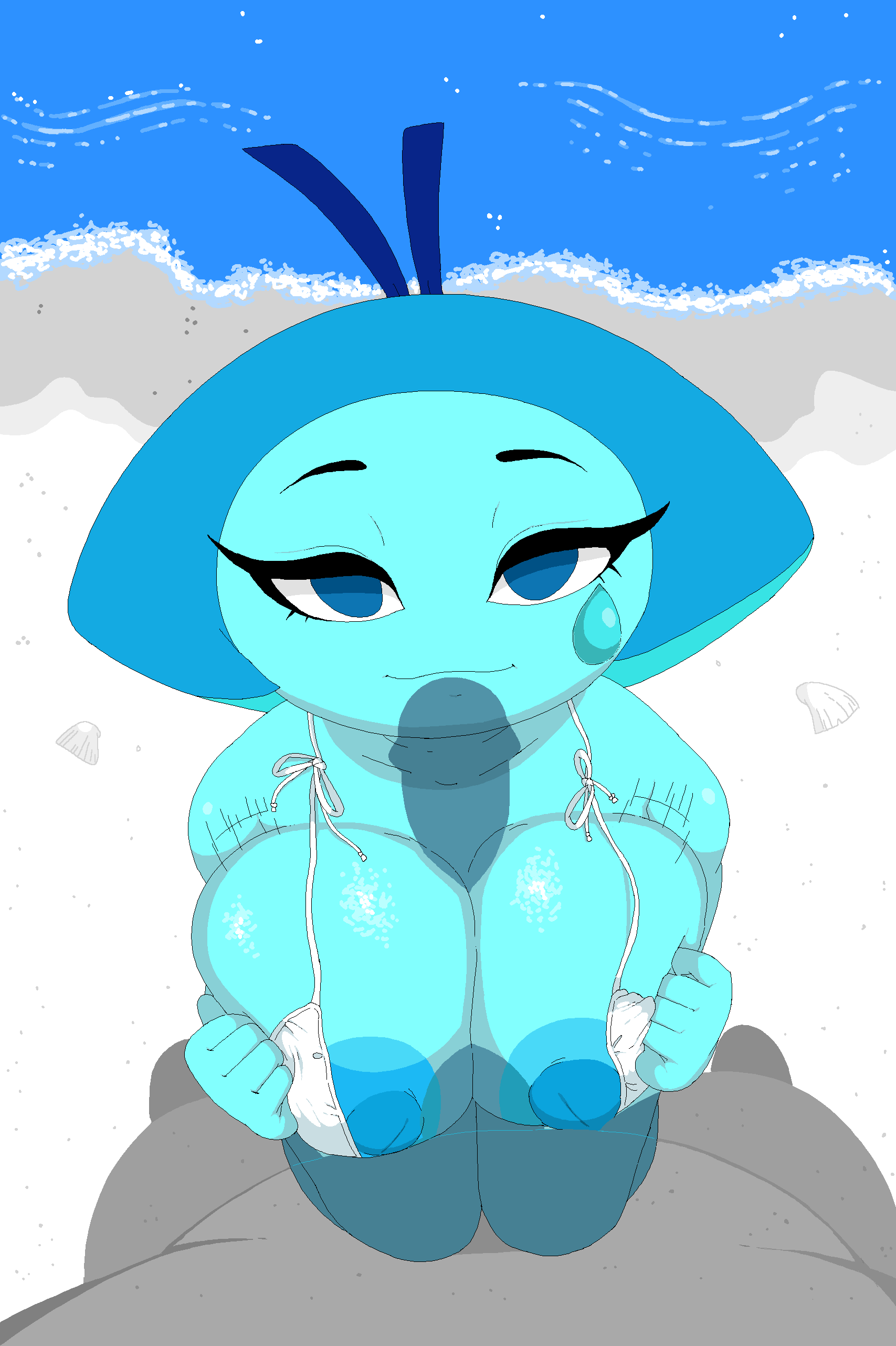 2019, alien, aquamarine (steven universe), beach, big breasts, bikini, bimbo, blue eyes, blue hair, blue skin, breasts, cartoon network, female, gem (species), hoshime, looking at viewer, looking up, male, naked, nipples, nude, outdoors, paizuri, penis, ribbon, shortstack, steven universe, straight, teasing, transparent penis