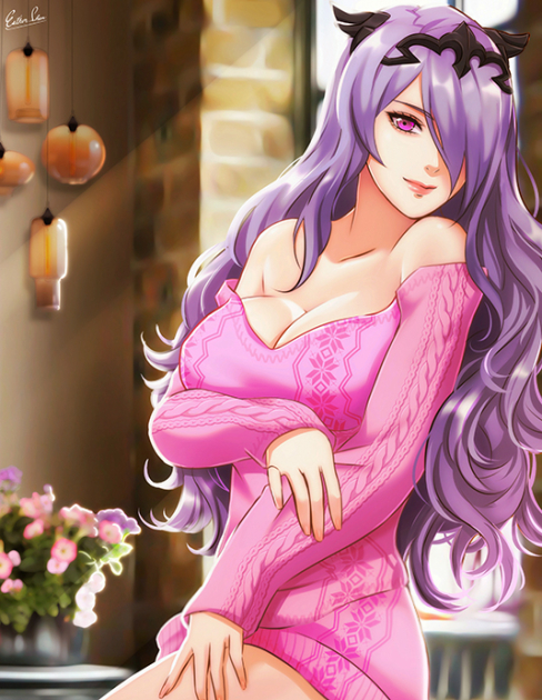 camilla_(fire_emblem) dress esther-shen female fire_emblem fire_emblem_fates hair_ornament hair_over_one_eye large_breasts long_hair no_bra one_eye_covered pink_sweater purple_eyes purple_hair shoulderless_dress smile suggestive sweater