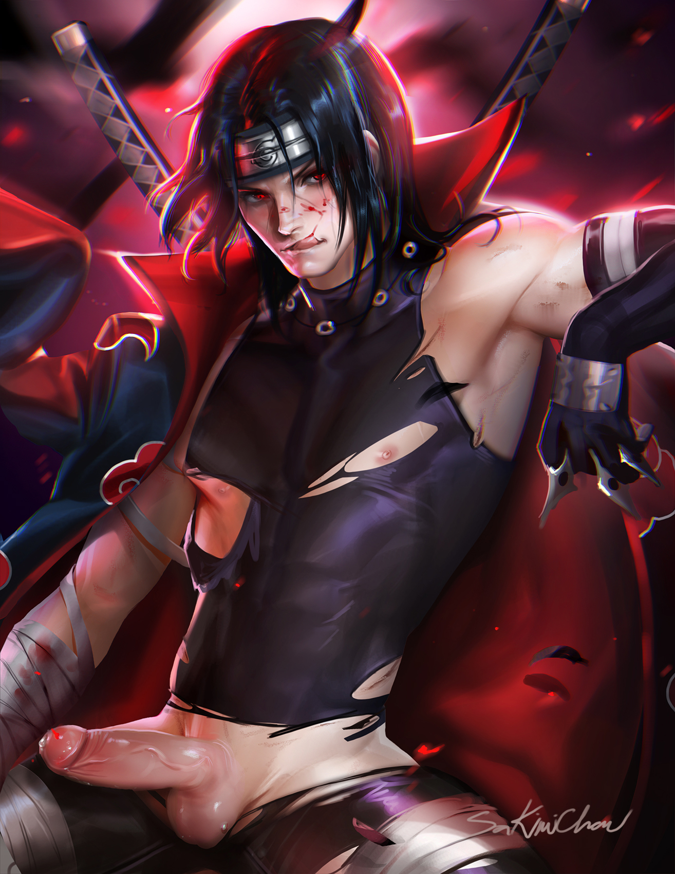 1boy, akatsuki (naruto), balls, black hair, clothing, erection, headband, katana, looking at viewer, male, male only, muscles, muscular, naruto, naruto (series), naruto shippuden, ninja, penis, red eyes, sakimichan, sitting, solo, solo focus, spread legs, tongue, tongue out, torn clothes, uchiha itachi, uncensored, weapon, yaoi