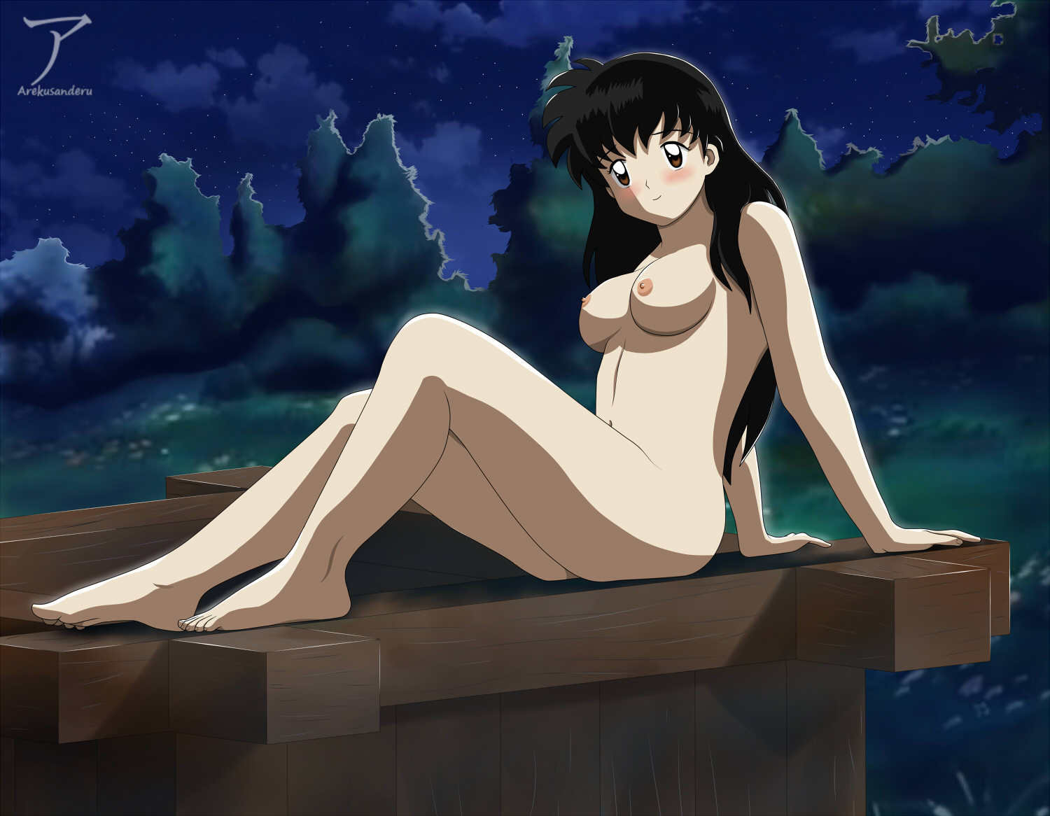 1girls, arekusanderu, barefoot, black hair, blush, blushing, blushing at viewer, boots, breasts, brown eyes, feet, female, female only, inuyasha, kagome higurashi, long hair, night, nipples, nude, nude female, pose, posing, solo female, toes
