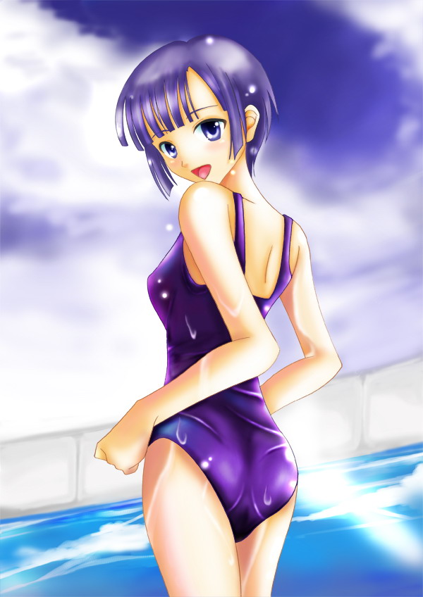 kishida_style kugimiya_madoka looking_back mahou_sensei_negima! one-piece_swimsuit open_mouth small_breasts swimsuit tagme water