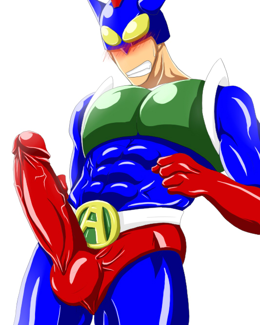 abs action_kamen blush clenched_teeth crayon_shin-chan erect erection heavy_blush huge_cock hyper hyper_penis impossible_clothes impossible_clothing large_penis large_testicles latex male_only penis simple_background skin_tight spandex testicles veins veiny_penis