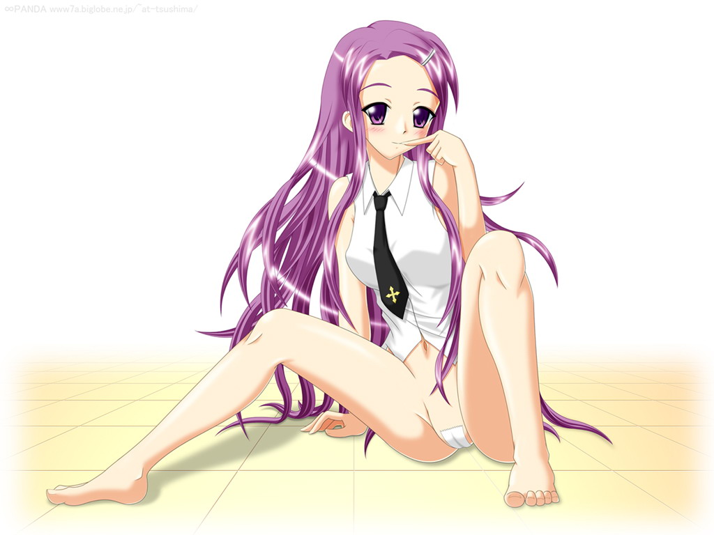 1girls blush bottomless breasts cameltoe clothing feet female female_only kakizaki_misa looking_at_viewer mahou_sensei_negima! mugen_panda nipple_bulge purple_eyes purple_hair shiny_skin small_breasts smile solo toes very_long_hair