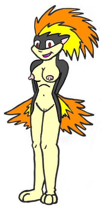 anthro breasts color female female_only front_view fur furry nipples nude pokemon pokemon_(species) quilava red_eyes solo standing tagme vulva