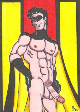 1boy abs artist_signature balls ballsack batman_(series) black_hair cape christian_(artist) circumcised dc dc_comics erect_nipples gloves hands_on_hips human male male_only male_pubic_hair mask mostly_nude_male muscles muscular_male naked_gloves pecs penis robin_(dc) robin_(tim_drake) scrotum semi-erect smooth_skinned_male solo testicles tim_drake veiny_penis