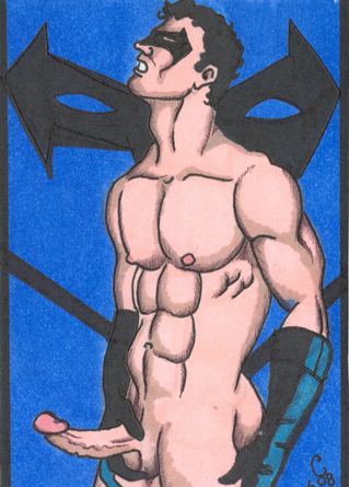 1boy abs artist_signature black_hair christian_(artist) dc dc_comics dick_grayson erect_nipples erection fondling_balls gloves head_tilt holding_penis human looking_up male male_nipples male_only mask muscles muscular_male nightwing nude_male pecs penis shaved_crotch smooth_skinned_male sneer solo veiny_penis