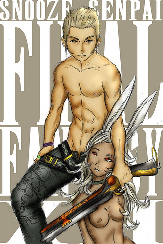 1boy 1girls balthier bunny_ears female final_fantasy final_fantasy_xii fran_(ffxii) gun humanoid kemonomimi male straight topless viera weapon