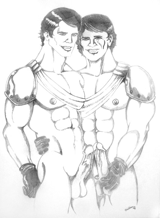 2boys abs arm_around_waist artist_signature balls ballsack brother/brother brothers christian_(artist) cobra erect_nipples erect_nipples_under_clothes erection facial_scar functionally_nude g.i._joe gay gloves holding_penis human incest male male/male male_nipples male_only manly mirror_image monochrome mostly_nude_male muscles muscular_male pecs penis penis_size_comparison penis_size_difference penises_touching scrotum shaved_crotch testicles tomax twincest twins veiny_penis xamot yaoi