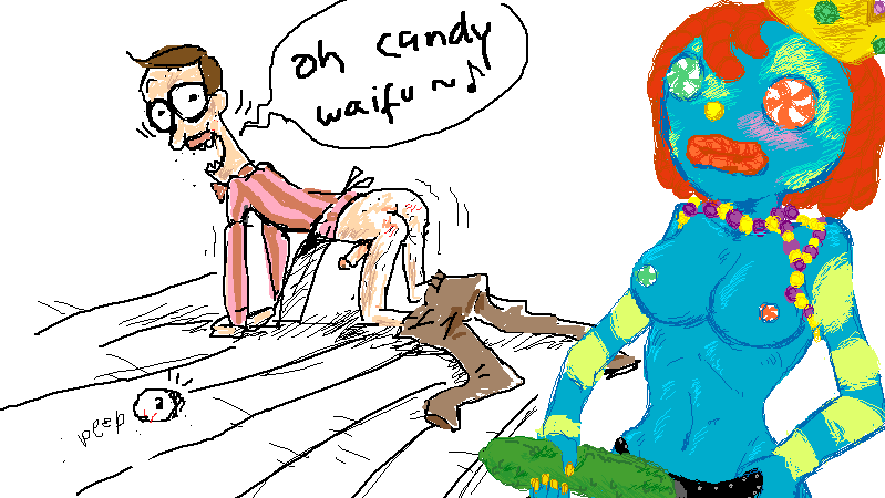 1ambiguous 1boy 1girls 1other all_fours artist_request blue_skin bowtie brown_hair candy_girl candy_wife cartoon_network english_text erect_penis erection full_body hard_pixels hetero interspecies medium_breasts musical_note on_floor pants_around_ankles peeping penis peppermint_larry short_hair simple_background speech_bubble straight strap-on tagme the_marvelous_misadventures_of_flapjack tremble_lines vertical-striped_shirt voyeur waist_apron what white_background