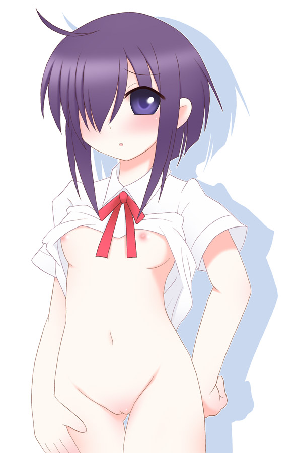 ahoge blue_eyes blush bottomless breasts clothing female flat_chest hair_over_eyes hair_over_one_eyes hand_on_hip hand_on_thigh hips kurappii mahou_sensei_negima mahou_sensei_negima! miyazaki_nodoka nipples no_bra no_panties nude purple_hair pussy school_uniform shadow shirt shirt_lift solo uncensored