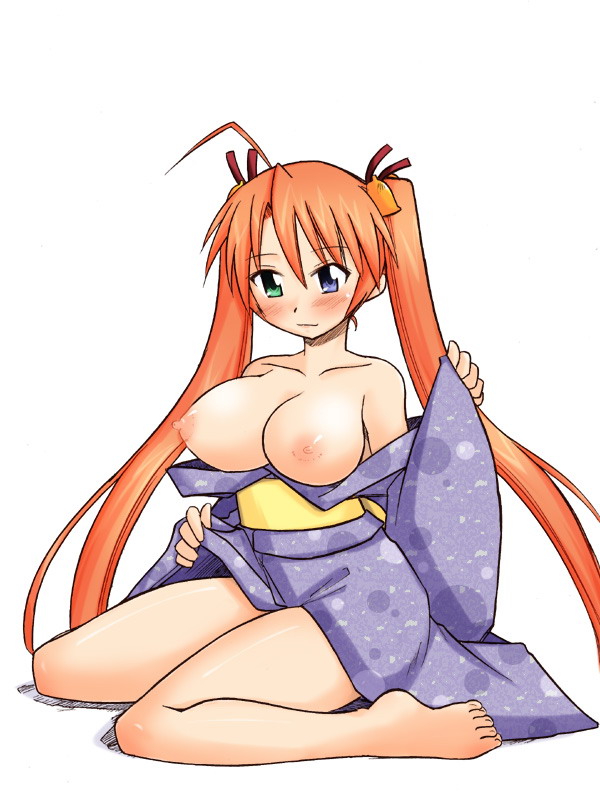 artist_request blue_eyes blush breasts clothing green_eyes heterochromia kagurazaka_asuna large_breasts long_twintails mahou_sensei_negima! nipples orange_hair tagme teenager twintails