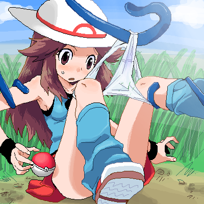 agemono blue_socks blush brown_eyes brown_hair female hat human leaf_(pokemon) loose_socks lowres oekaki panties panty_pull poke_ball pokemon pokemon_(species) pokephilia porkpie_hat socks solo tangela tentacle white_panties