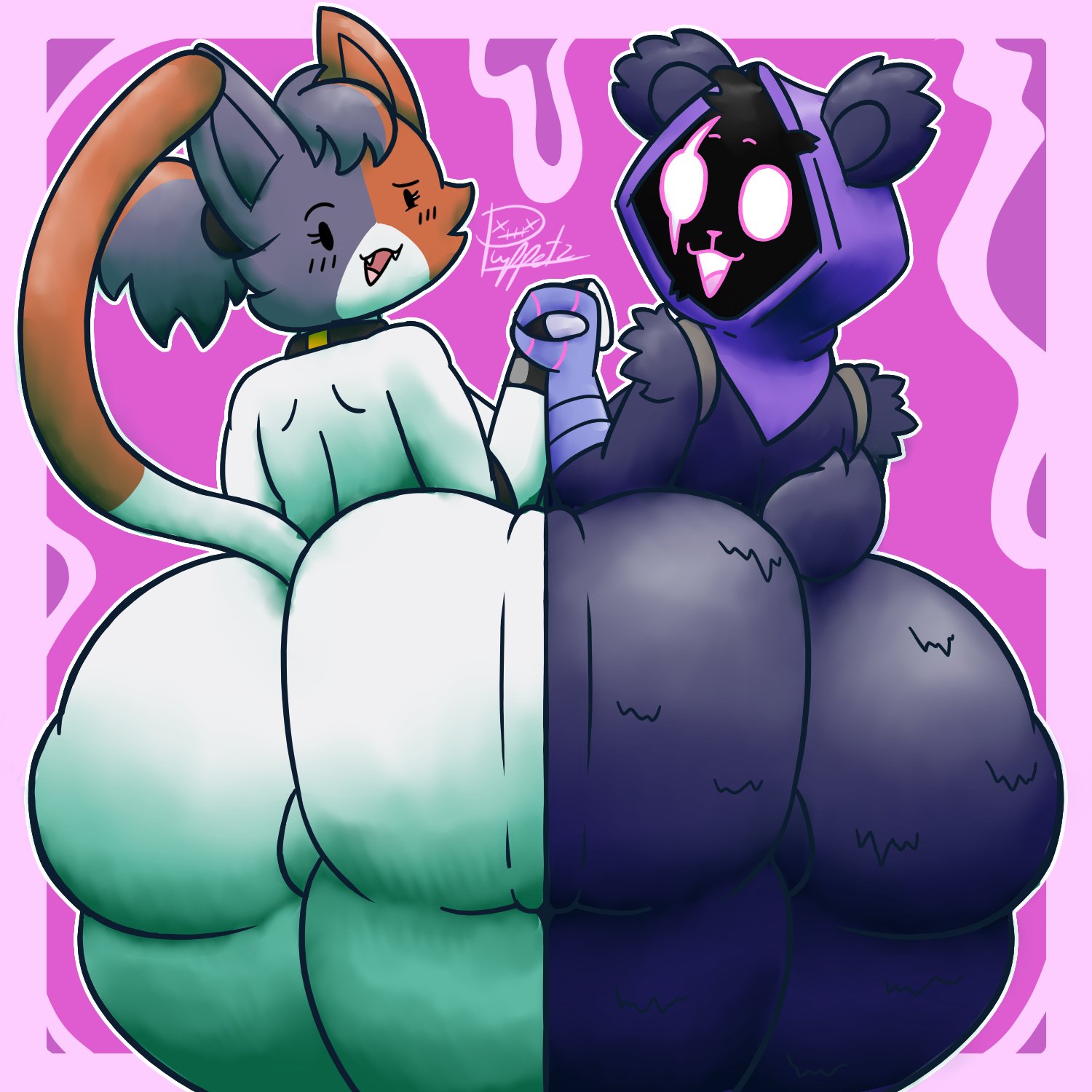 2girls, ass focus, ass to ass, asses touching, big ass, cate meowdy (fortnite), female, fortnite, holding hands, hyper ass, puppetz (artist), raven team leader, side by side