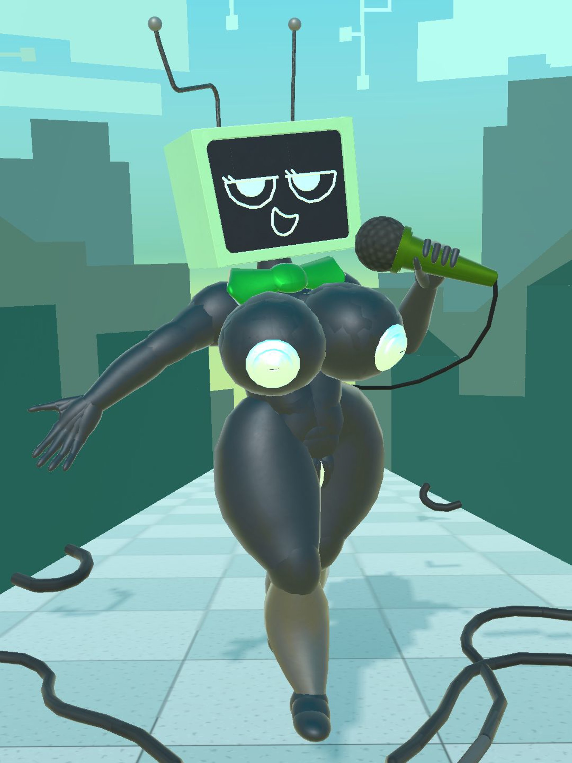 3d, 3d (artwork), 5 fingers, antenna, antenna wire, antennae, areola, areolae, background, barefoot, big ass, big breasts, big thighs, black arms, black body, black breasts, black legs, black skin, block head, blushcrunch studio, bow tie, bowtie, box head, breasts, building, buildings, busty, busty female, busty girl, dandy's world, dandys world, exposed, exposed ass, exposed breasts, exposed nipples, exposed pussy, exposed shoulders, exposed torso, eyelashes, glowing nipples, glowing pussy, green areola, green bow, green bowtie, green face, green nipples, high quality, holding microphone, holding object, inverted nipples, microphone, microphone tail, microphone wire, mostly nude, mostly nude female, naked, naked female, nipples, no nipples, no toes, nsfw, nsfw version, nude, nude female, null, open mouth, posing, posing for picture, posing nude, poster, pussy, rec room, recroom, robot, robot girl, robot humanoid, screen, screen face, self upload, sfw version available, shaded, simple eyes, simple face, syntholsoul, textless, textless version, thick thighs, thighs, titties, tv, tv face, tv head, tv screen, tv woman, tvwoman, vagina, vee (dandy's world), wire, wires