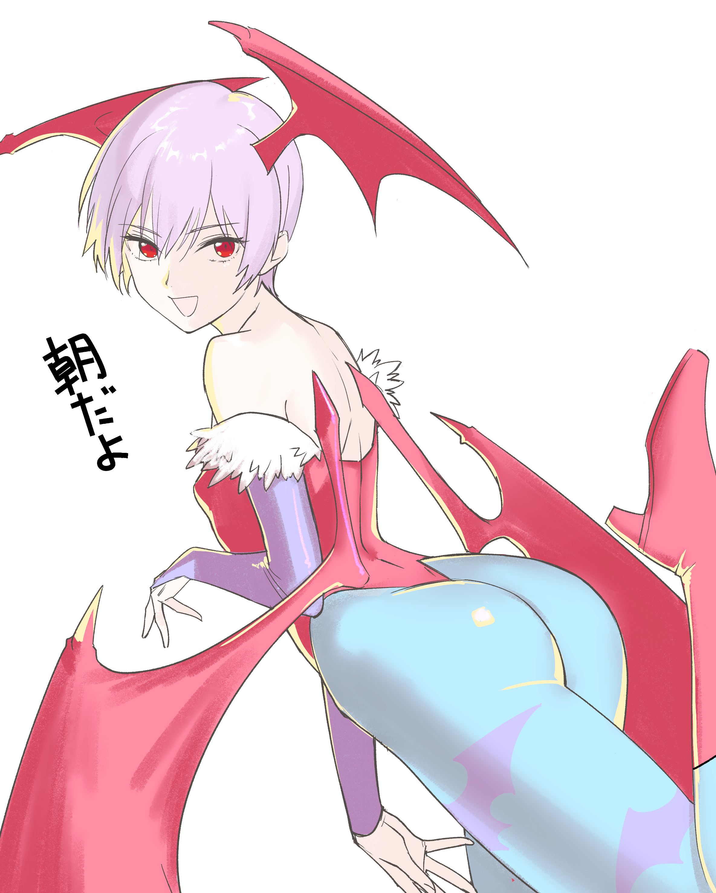 1girls, animal print, animal print legwear, ass, back view, bare shoulders, bat print, bat wings, belly button, blue bridal gauntlets, blue pantyhose, bridal gauntlets, cute, cute face, darkstalkers, diamond cutout, female, female focus, female only, finger on chin, flat chest, hands-free, head tilt, head turned, headwings, hi res, high heel boots, high heels, high resolution, highleg, highleg leotard, highres, japanese text, leg lift, leotard, light skin, light-skinned female, lilith aensland, lips parted, looking at viewer, navel, nipple bulge, off-shoulder leotard, open mouth, pale skin, pale-skinned female, pantyhose, petite, petite body, petite female, pink hair, pose, posing, posing for the viewer, print legwear, red boots, red eyes, red high heel boots, red high heels, red leotard, red wings, short hair, simple background, skinny female, slim female, slim girl, slim legs, slim waist, small ass, small breasts, small butt, small waist, smaller female, smile, standing, strapless, strapless leotard, succubus, succubus wings, tetsuharu0402, tight clothing, vampire (game), vampire savior, very short hair, white skin, wings, wings on head, young, younger female