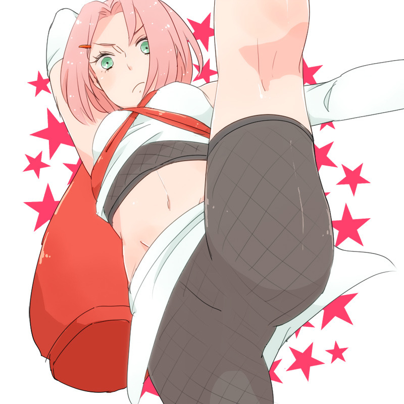 1girls ass belly blush breasts cameltoe clothes_swap clothing clothing_swap cosplay crop_top female female_only fully_clothed green_eyes hairclip leg_lift leg_up legs looking_at_viewer mr-ponkan naruto naruto_shippuden pink_hair pose posing pussy sakura_haruno short_shorts shorts skirt solo solo_focus stomach thighs upskirt vagina