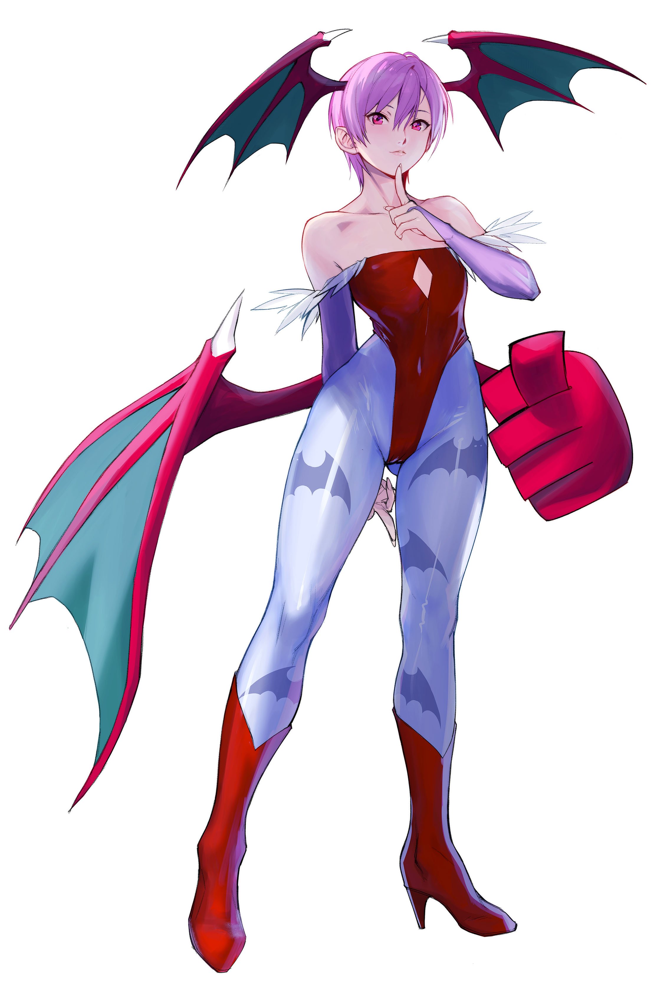1girls, animal print, animal print legwear, arm behind back, bare shoulders, bat print, bat wings, belly button, blue bridal gauntlets, blue pantyhose, bridal gauntlets, cute, cute face, darkstalkers, diamond cutout, female, female focus, female only, finger on chin, flat chest, front view, headwings, hi res, high heel boots, high heels, high resolution, highleg, highleg leotard, highres, leotard, light skin, light-skinned female, lilith aensland, lips parted, looking at viewer, navel, off-shoulder leotard, pale skin, pale-skinned female, pantyhose, petite, petite body, petite female, pink hair, pose, print legwear, red boots, red eyes, red high heel boots, red high heels, red leotard, red wings, short hair, simple background, skinny female, slim female, slim girl, slim legs, slim waist, small breasts, small waist, smaller female, smile, standing, strapless, strapless leotard, succubus, succubus wings, tetsuharu0402, tight clothing, vampire (game), vampire savior, very short hair, white skin, wings, wings on head, young, younger female