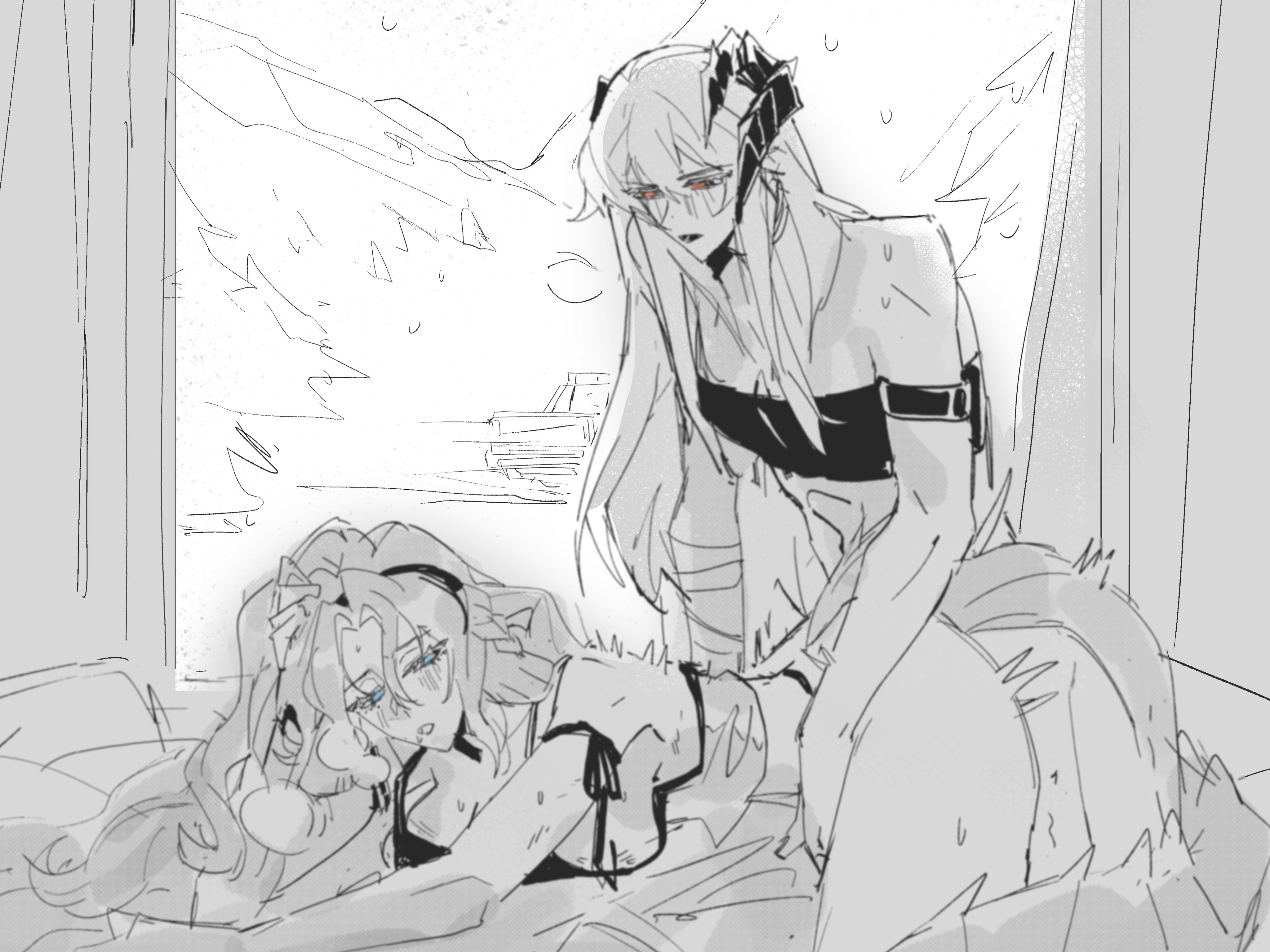 1futa, 2girls, arknights, bed, bedroom, bedroom sex, blush, breasts, cleavage, clothed, clothed sex, clothes, clothing, dickgirl, dominant female, female, female focus, fucked from behind, futanari, hands on hips, horns, implied futa, implied penetration, implied sex, kristen (arknights), kristen wright, larger female, penis in pussy, rr record, saria (arknights), shorter female, smaller female, submissive female, tail, taller female, vaginal penetration, vaginal sex, yuri