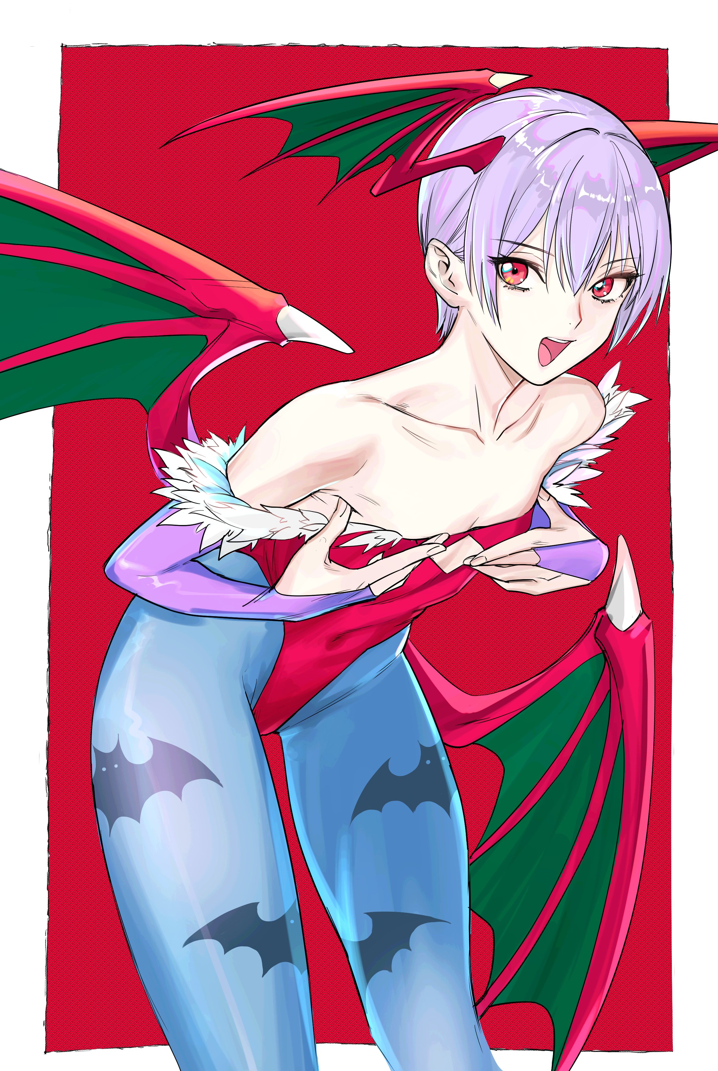 1girls, animal print, animal print legwear, bare shoulders, bat print, bat wings, belly button, blue bridal gauntlets, blue pantyhose, bridal gauntlets, cute, cute face, darkstalkers, diamond cutout, female, female focus, female only, flat chest, front view, hands on breasts, hands on chest, headwings, hi res, high heel boots, high heels, high resolution, highleg, highleg leotard, highres, leaning forward, leotard, light skin, light-skinned female, lilith aensland, lips parted, looking at viewer, navel, off-shoulder leotard, open mouth, pale skin, pale-skinned female, pantyhose, petite, petite body, petite female, pink hair, pose, print legwear, red background, red boots, red eyes, red high heel boots, red high heels, red leotard, red wings, short hair, simple background, skinny female, slim female, slim girl, slim legs, slim waist, small breasts, small waist, smaller female, smile, standing, strapless, strapless leotard, succubus, succubus wings, tetsuharu0402, tight clothing, tongue visible, upper teeth, vampire (game), vampire savior, very short hair, white background, white skin, wings, wings on head, young, younger female