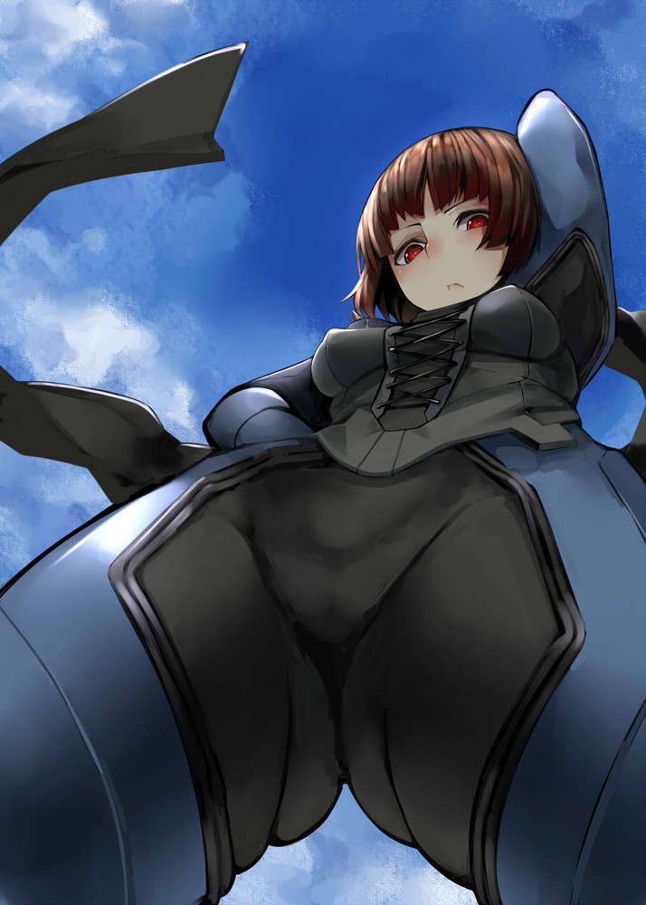 archway of venus, arms behind head, ass, atlus, bangs, biker clothes, black legwear, blue sky, bodysuit, brown hair, closed mouth, crotch, female, human, long sleeves, looking at viewer, looking down, makoto niijima, makoto niijima (queen), megami tensei, pale skin, persona, persona 5, phantom thief suit, red eyes, sega, short hair, solo, viewed from below