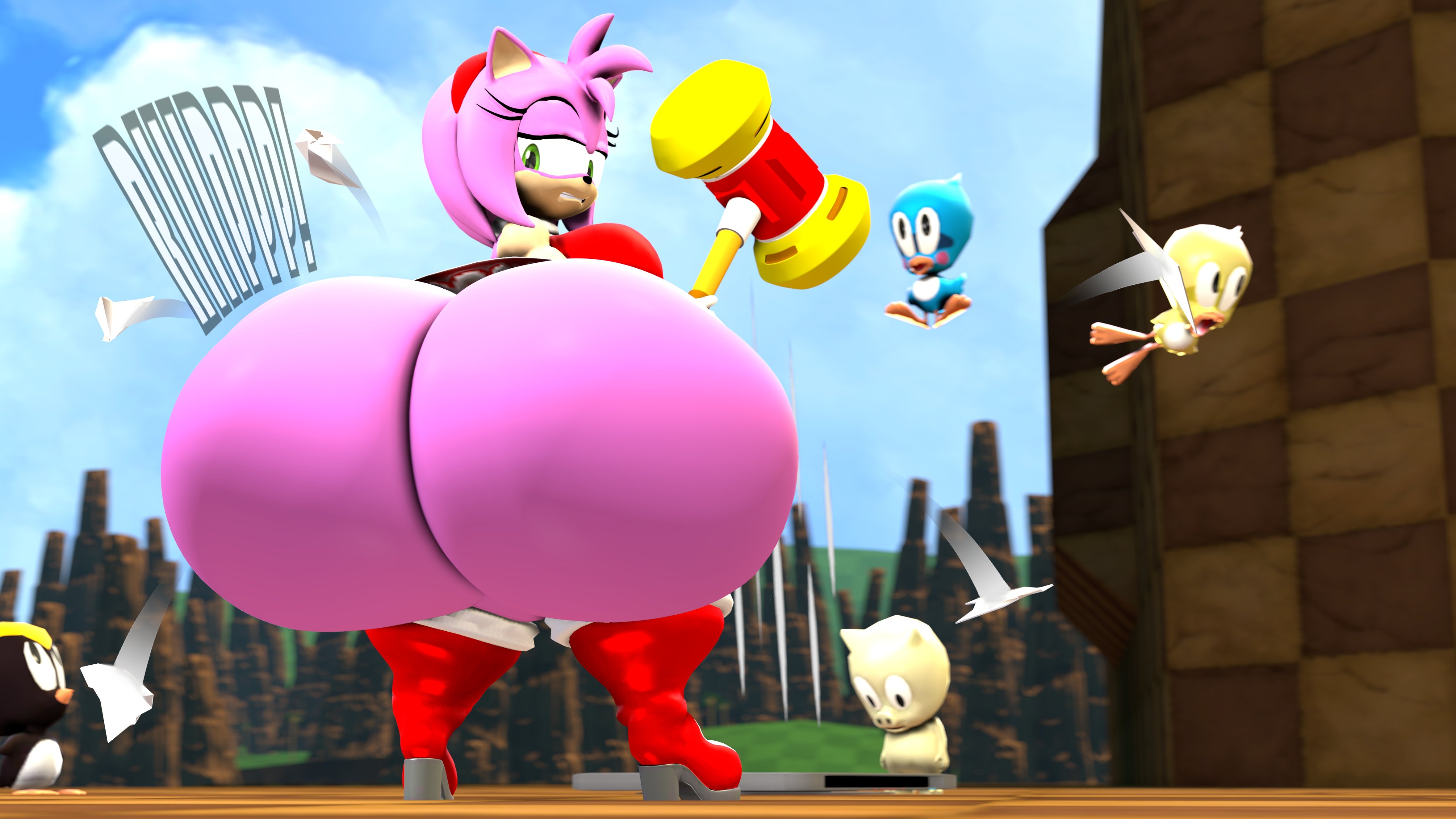 1girls, 3d, allstarman, amy rose, anthro, ass, ass bigger than head, ass bigger than torso, ass expansion, bottomless, breasts, eulipotyphlan, female, furry, green eyes, hammer, headband, higher resolution duplicate, huge breasts, hyper, hyper ass, hyper butt, large breasts, looking back, massive ass, pink hair, ripped clothing, sega, skirt, sonic (series), sonic the hedgehog (series), source filmmaker, thick thighs, wide hips