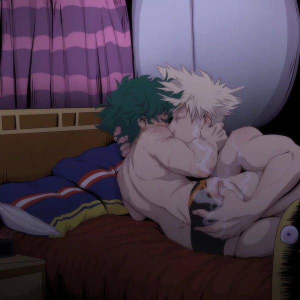 2boys, 5 fingers, ass, ass grab, bed, blonde hair, briefs, butt grab, colored, eyes closed, gay, green hair, hand on ass, hand on head, hand on neck, human, indoors, izuku midoriya, katsuki bakugou, kissing, male, male only, mostly nude, muscular, my hero academia, pillows, rivals, room, smoke, tagme, tagme (artist), underwear, unknown artist, yaoi