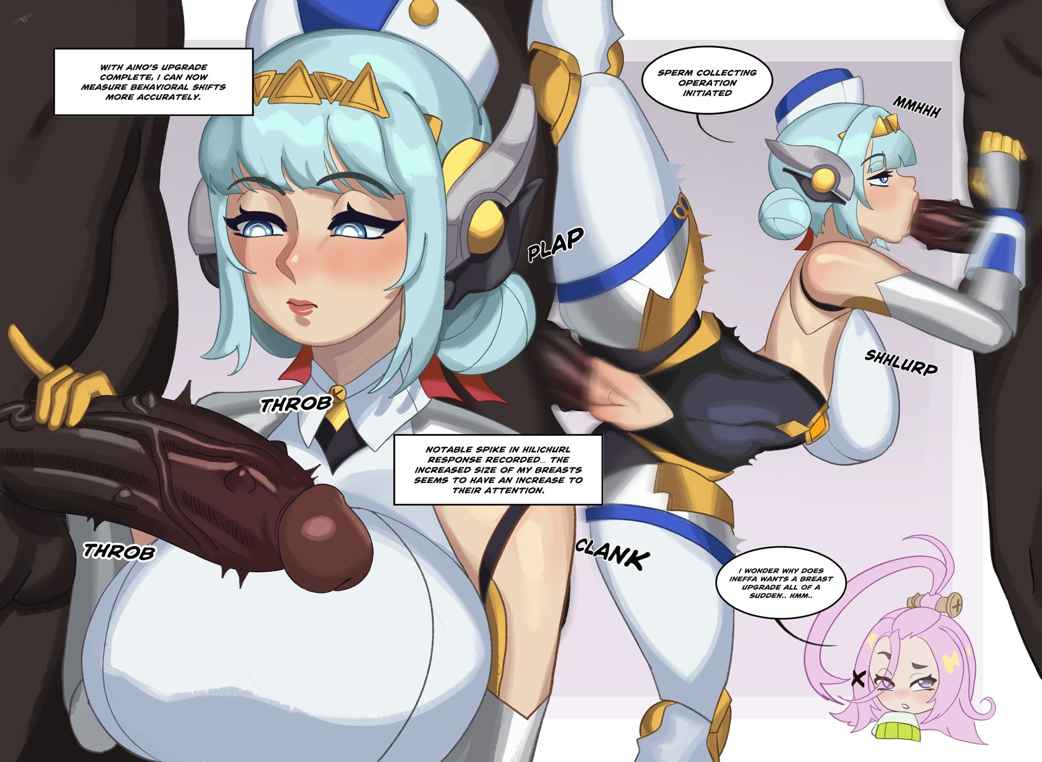 1girls, 2boys, absurd res, anthro, blowjob, blue hair, breasts, dark skin, dark-skinned male, dialogue, double penetration, duo, english text, female, genshin impact, hilichurls (species), hoyoverse, ineffa (genshin impact), light skin, light-skinned female, male, mihoyo, penis, sex, speech bubble, spicyramen (ramieramen1), straight, text, threesome, vaginal penetration