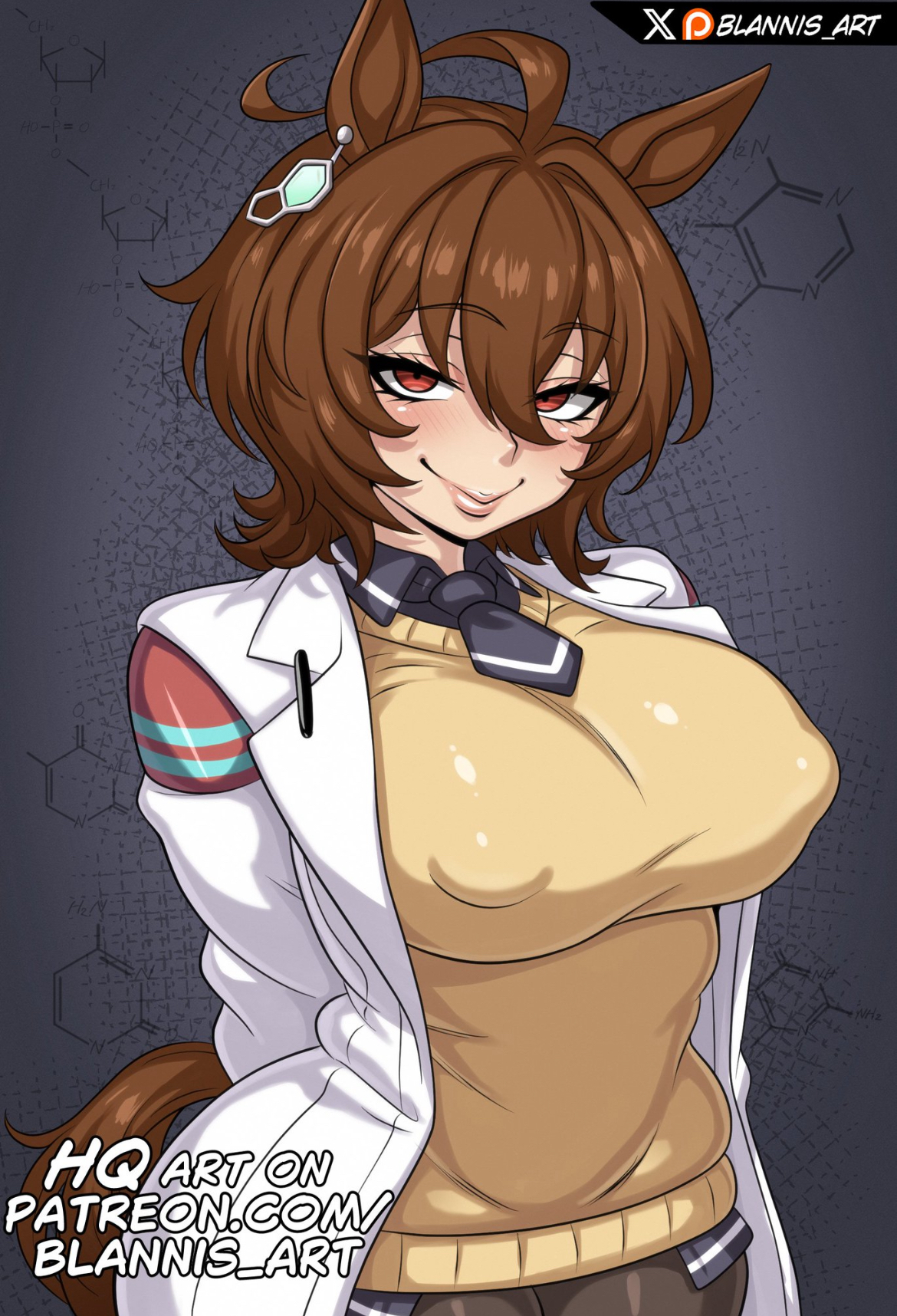 :>, agnes tachyon (umamusume), big breasts, blannis art, breasts, brown hair, busty, busty female, clothed, curvy, curvy figure, female, female focus, female only, fully clothed, hips, horse, horse ears, horse girl, horse tail, hourglass figure, labcoat, looking at viewer, lustful gaze, nipple bulge, nipples visible through clothing, oppai, red eyes, seductive look, sexy, sexy body, short hair, solo, solo female, solo focus, thighs, umamusume, umamusume pretty derby