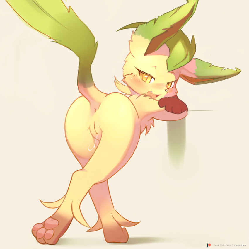 1girls, 3 toes, against wall, ancesra, anthro, anthrofied, anus, ass, bent over, big ears, blush, canine, female, female only, furry, green eyes, green skin, half-closed eyes, hybrid, leaf, leafeon, long ears, looking at viewer, looking back, moss (ancesra), nintendo, nude, open mouth, pawpads, paws, plant, pokemon, pokemon dppt, pussy, pussy juice, shadow, smile, solo, standing, tail, teeth, text, tongue, url, watermark, wide hips, yellow eyes, yellow fur