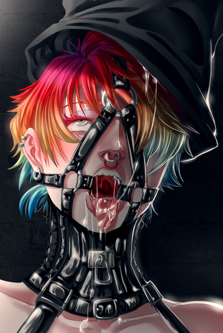 ahe_gao bdsm blue_eyes bondage bondage_hood collar drool drooling earrings eyes_rolling_back female female_only femsub gag gagged harness_gag harness_ring_gag open_mouth_gag piercing posture_collar rainbow_hair reversetension ring_gag septum_piercing solo_female submissive_female teeth tongue tongue_out tongue_piercing