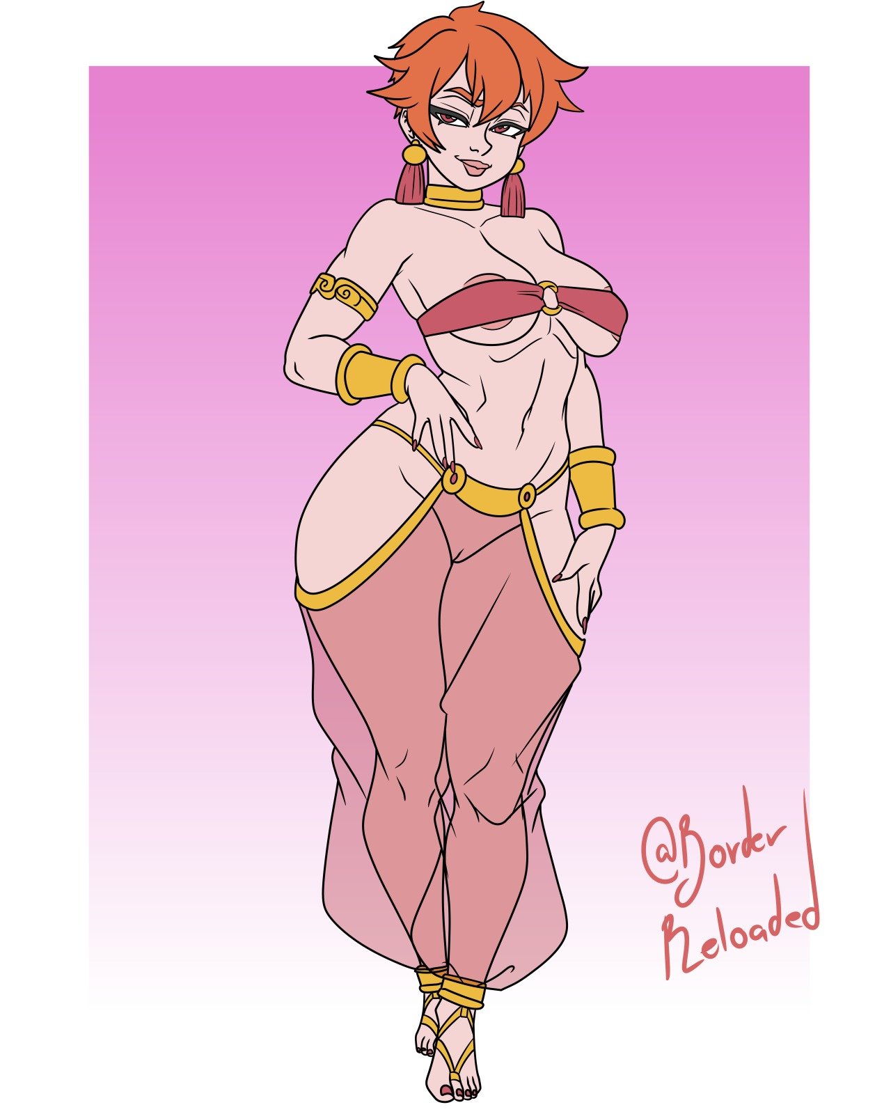 2d, belly dancer, belly dancer outfit, borderreloaded, busty, female, female focus, female only, harem, harem girl, harem outfit, hip cleavage, hourglass figure, oc, red hair, standing, tagme, wide hips