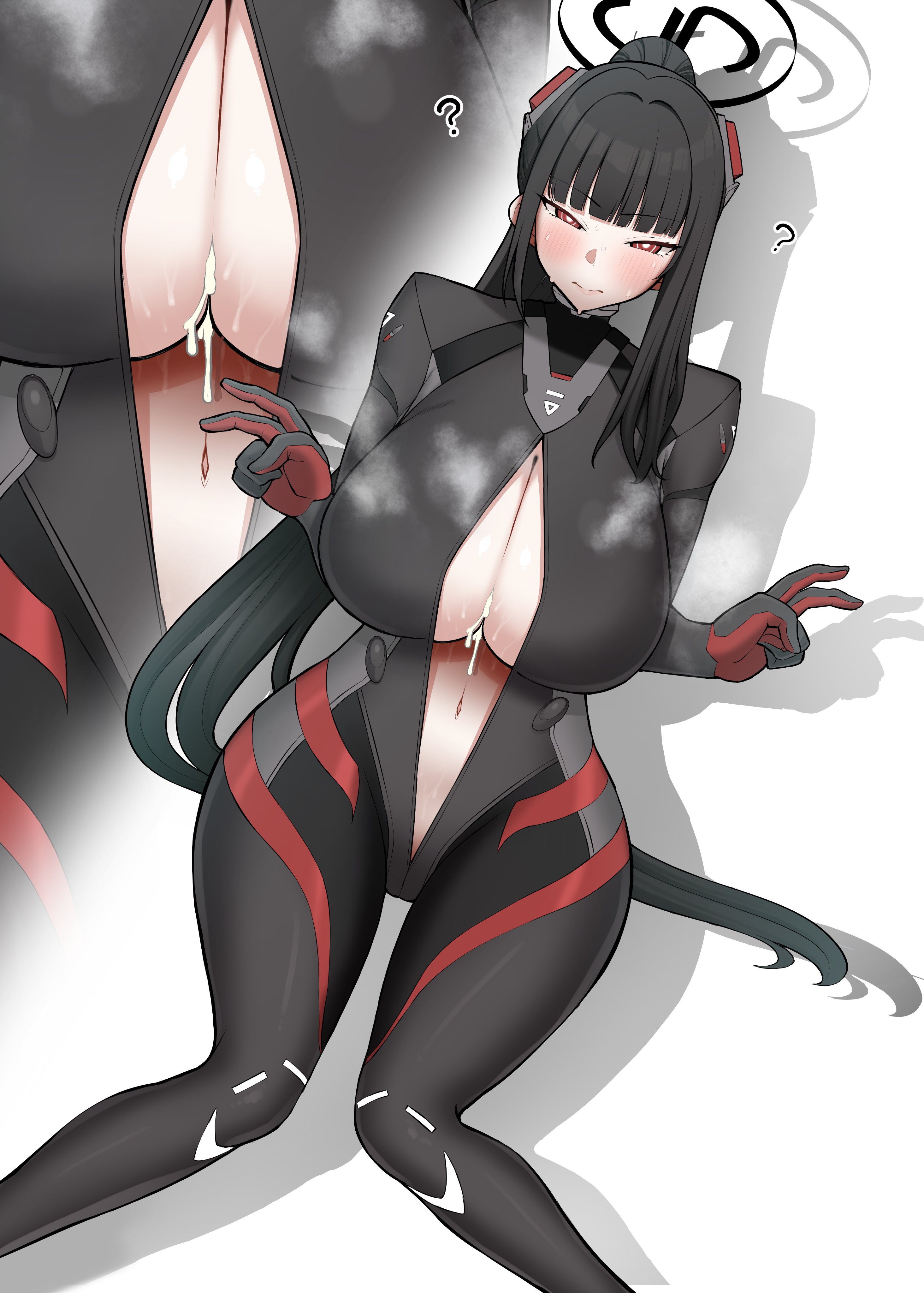 1girls, black bodysuit, black hair, blue archive, blush, bodysuit, breasts, cleavage, cum, cum between breasts, cum on breasts, double v, eo masaka, female, large breasts, long hair, looking at viewer, navel, no bra, open bodysuit, open clothes, ponytail, red eyes, rio (armed) (blue archive), rio (blue archive), simple background, skin tight, sole female, solo, solo female, solo focus, sweat, tight clothes, tight clothing, unzipped, unzipped bodysuit, v, white background