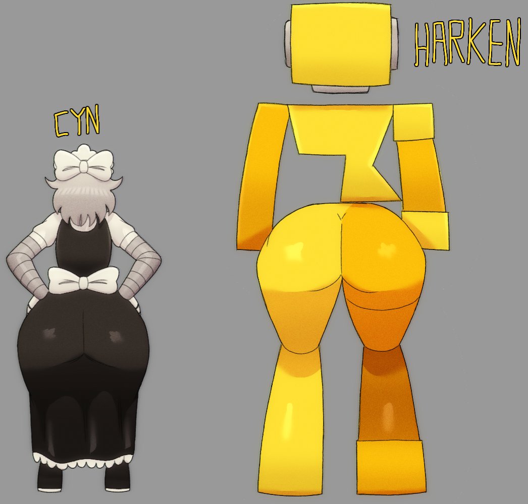 2girls, abrahamslapper, ass, ass chart, ass focus, back view, bottom heavy, bottom heavy female, bow on head, character name, crossover, cyn (murder drones), die of death (roblox), fat ass, fat butt, female, female only, glitch productions, hands on hips, harken (die of death), hyper ass, hyper butt, large ass, maid outfit, maid uniform, murder drones, naked female, nude female, roblox, roblox game, robot girl, size comparison, text, worker drone