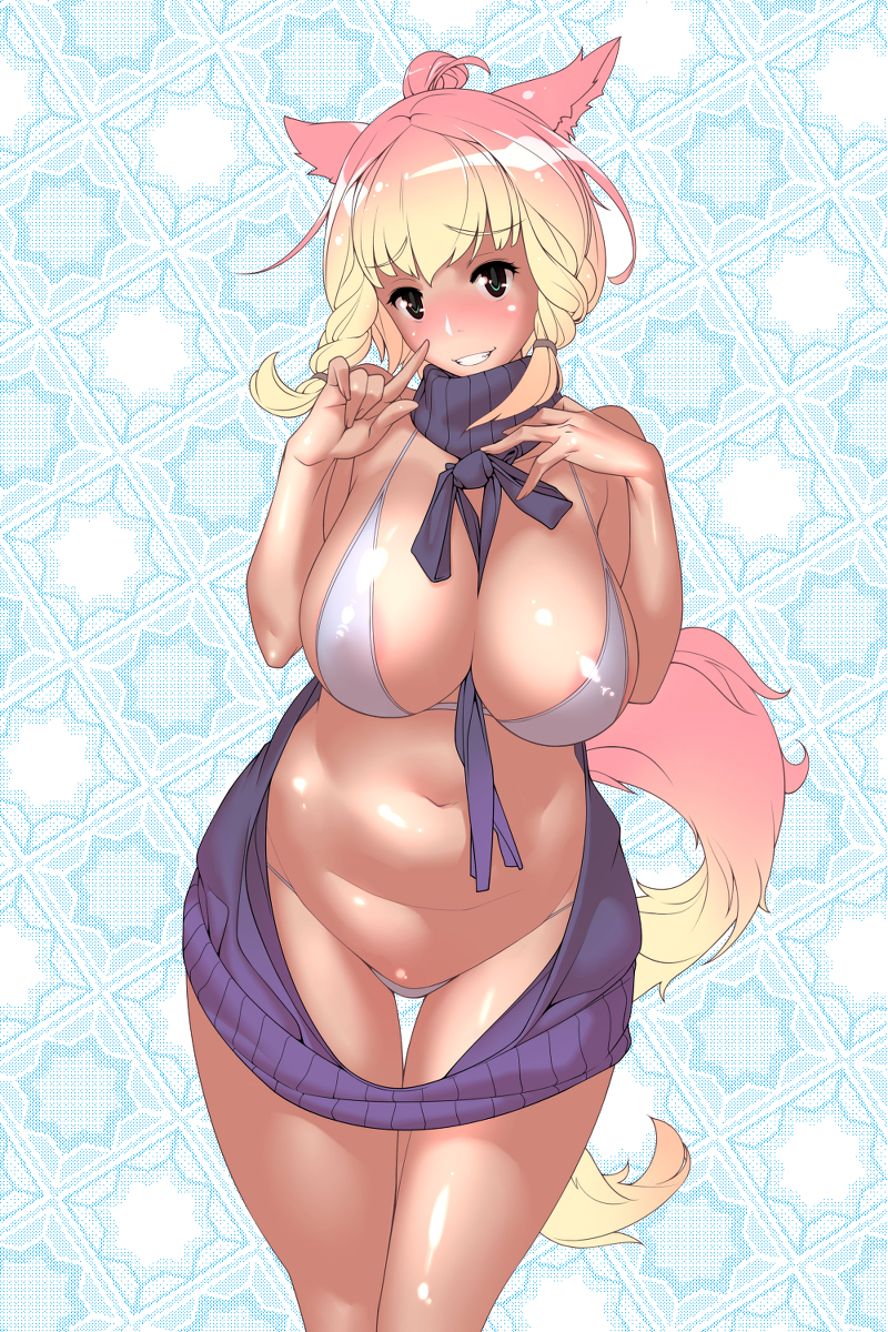 1girls, areola slip, big breasts, bikini, blonde hair, blush, breasts, female, female only, from above, gradient hair, long hair, looking at viewer, micro panties, nipple bulge, pattern background, pink hair, reverse virgin killer sweater, smile, solo, thong, tomoyuki kotani, virgin killer sweater