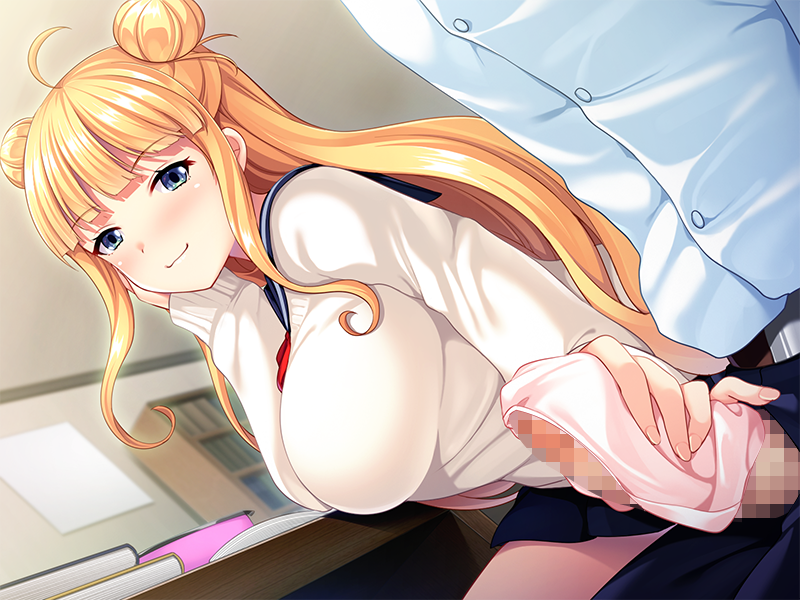 ahoge blonde_hair blue_eyes blush book breasts censored closed_mouth double_bun erection female from_below game_cg hair_bun handjob head_rest highres indoors large_breasts legs long_hair looking_down mosaic_censoring ore_no_imouto_wa_kyou_kara_do-s~o,_onii-chan_nanka,_atashi_no_pet_ni_shiteyarundakara panties pantyjob penis school_uniform sitting skirt smile solo_focus table thighs underwear urute