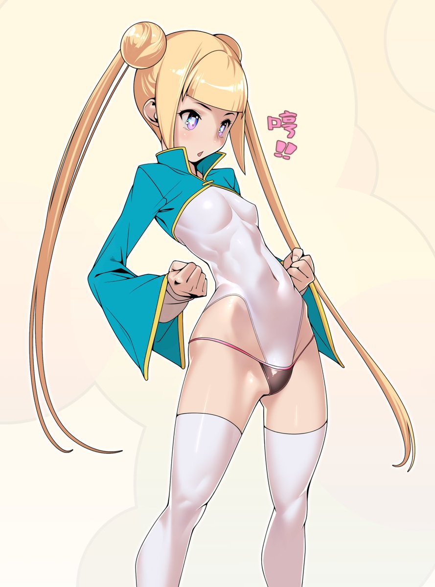 2018, blonde hair, breasts, double bun, female, hair buns, highleg, impossible clothes, leotard, long hair, long sleeves, nipple bulge, purple eyes, simple background, skin tight, small breasts, solo, thighhighs, thong, tight clothing, tomoyuki kotani, toned, twintails