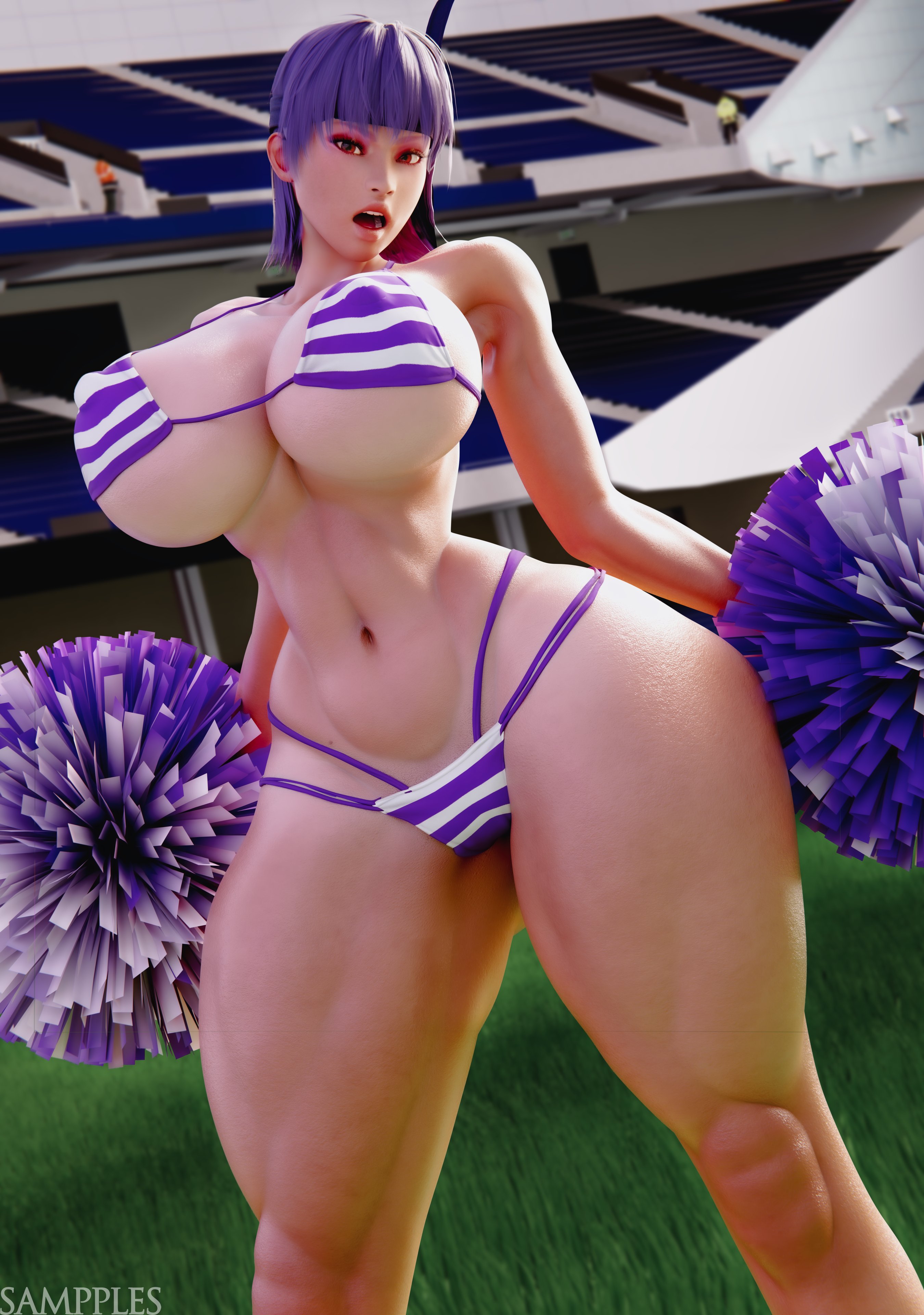 1girls, 3d, ass, ayane (doa), big ass, big breasts, breasts, cheerleader, cleavage, dead or alive, female, female only, full body, huge ass, huge breasts, large ass, large breasts, light skin, light-skinned female, pale skin, pale-skinned female, purple hair, sampples, solo, solo female, thick thighs